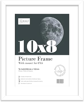 Almost Frameless 10x8 White Picture Frame With Mount for 8x6 Print, Poster or Photo Poster, Photo, Artwork, or Print. Thin Edge Slim Frame Portrait and Landscape Display with Wall Hooks