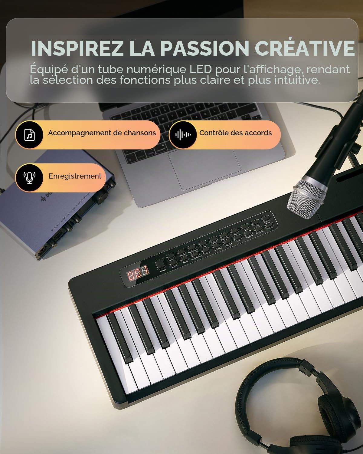 Donner Clavier numérique 88 touches sensibles à la vélocité avec support amovible, piano électrique compact pour débutants avec mode Split, affichage LED et triple pédale, DEP-08
