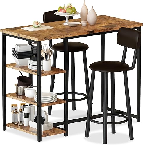 Recaceik Juego de mesa de comedor de bar para 2 personas con 3 estantes de almacenamiento, moderna mesa de bar y sillas con 2 sillas de respaldo