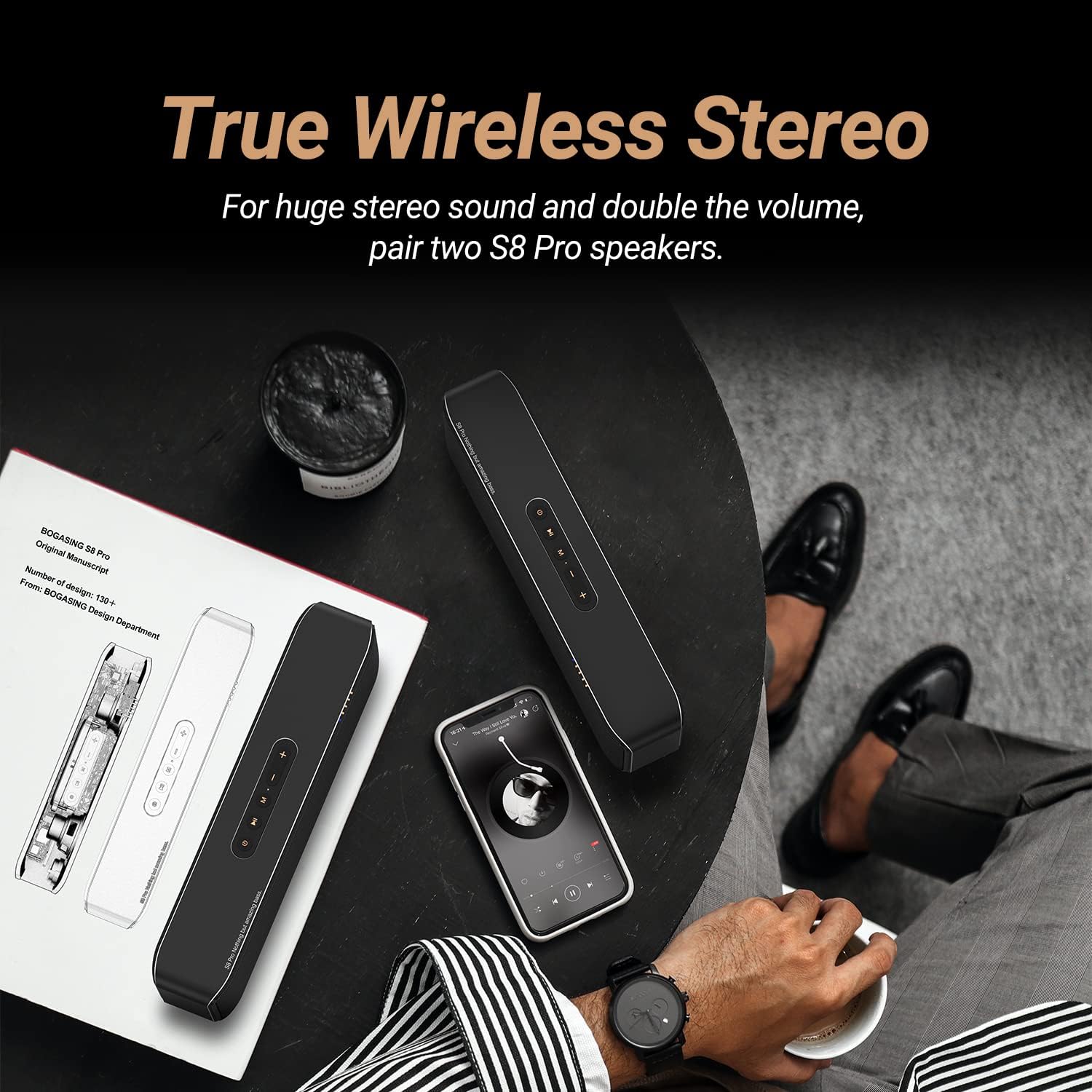 Two BOGASING S8 Pro speakers paired for True Wireless Stereo