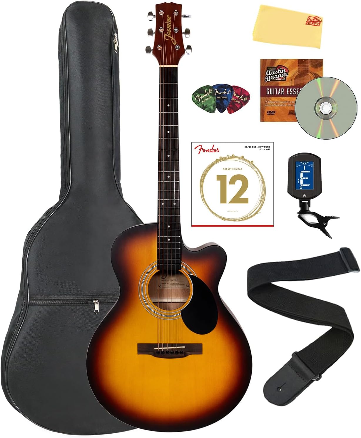Jasmine S34C NEX Orchestra-Style Cutaway Acoustic Guitar Sunburst Bundle