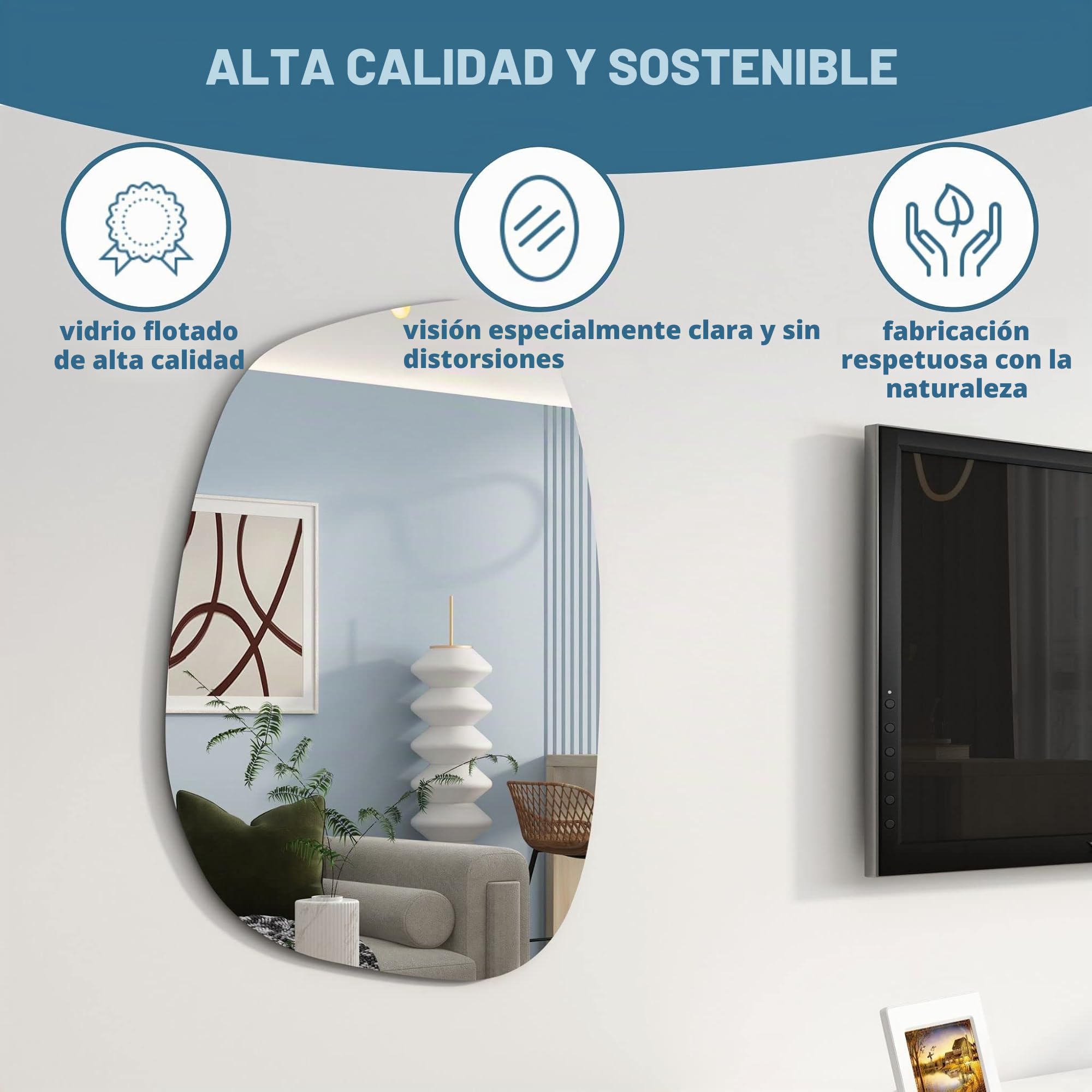 Albatros Espejo de Diseño Asimétrico - 90 x 70 cm, de Pared o Puerta, Forma Orgánica Moderna, Ovalado y Grande, Sin Marco