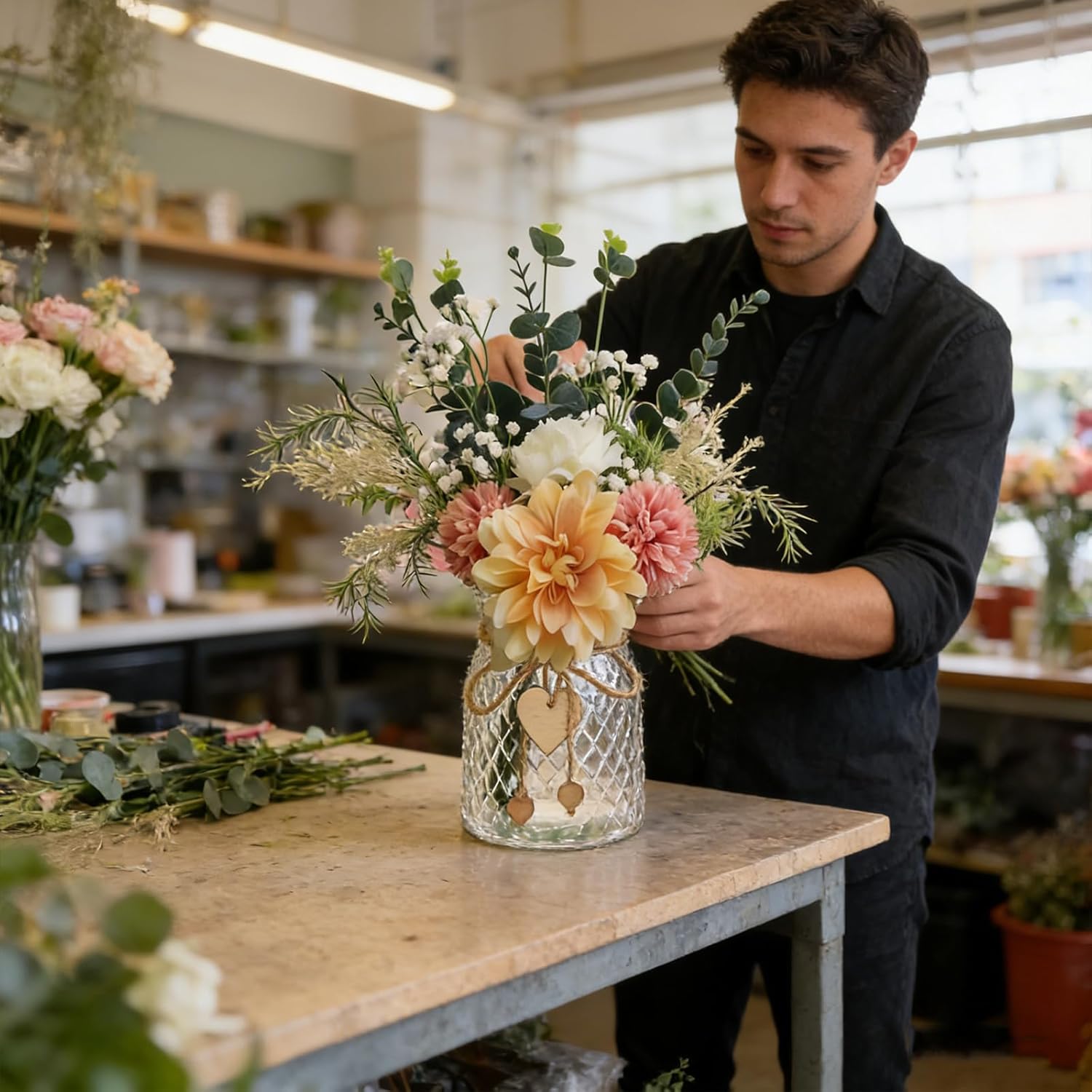 Faux Flowers in Vase - Artificial Plants & Flowers Fake Flowers Silk Flower Arrangements, Artificial Flowers Indoor for Dining Table Centerpiece Decor and Coffee Table Decor