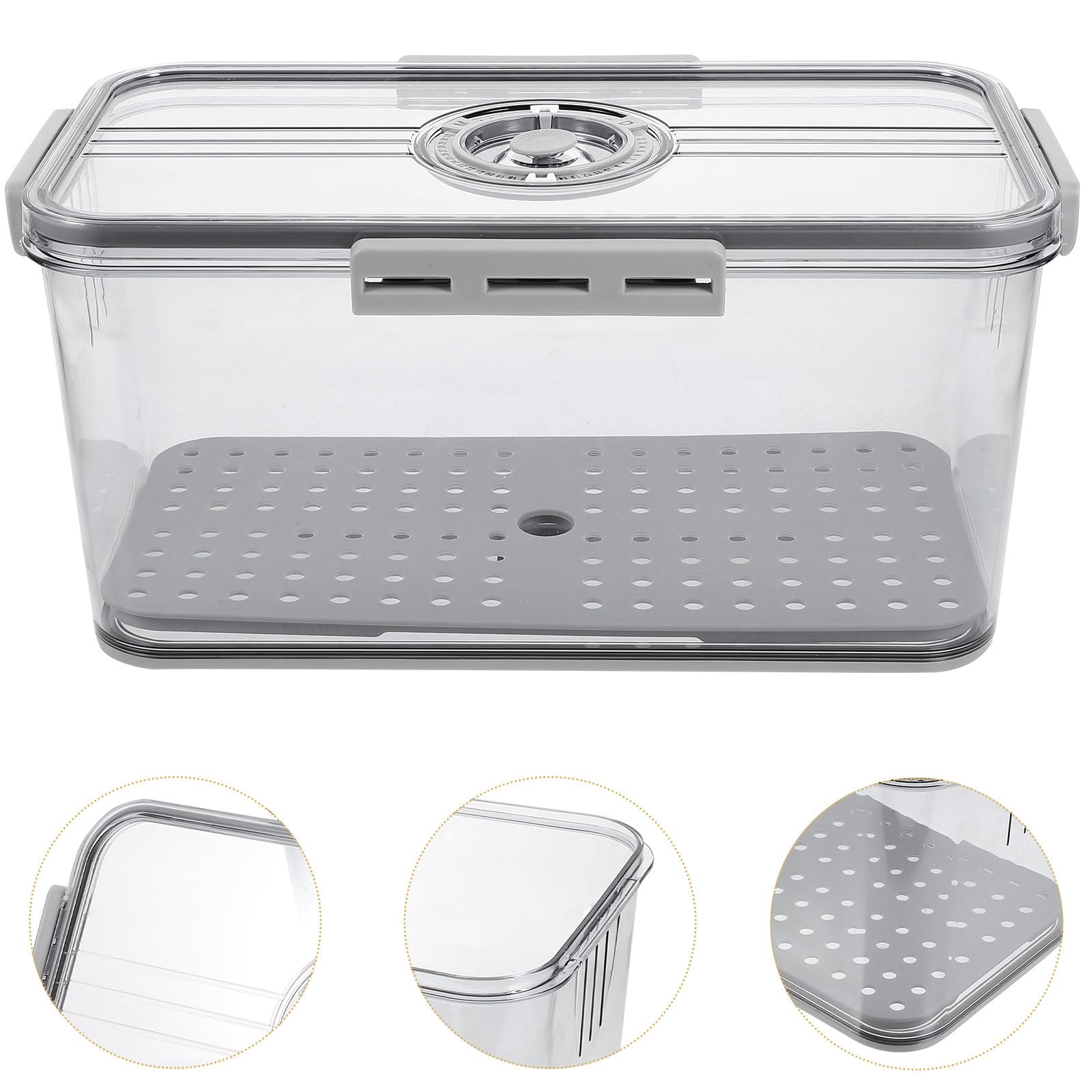 SHINEOFI Contenedor de Alimentos para Refrigerador de 4 Cierres y Sello Hermético, Caja de Pan Gris H-7005 con Dial Temporizador, Almacenamiento de Frutas y Verduras, Organizador