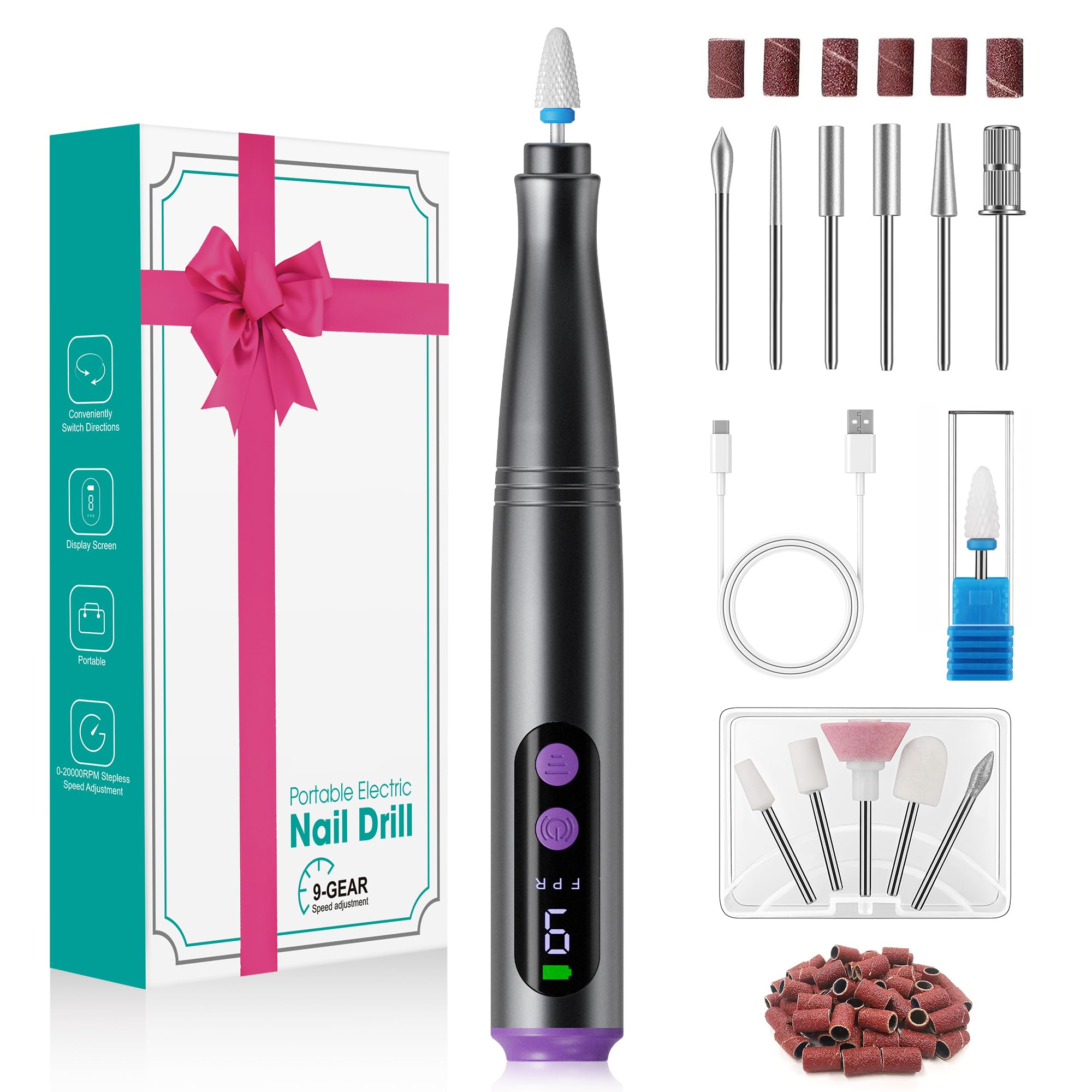 Nagelfräser Set Elektrisch mit LCD Display, Elektrische Nagelfeile Kabellos USB-C Wiederaufladbar, 9 Geschwindigkeiten bis 20000 U/min, Nagelschleifer für Gelnägel, Acrylnägel, Maniküre, Pediküre