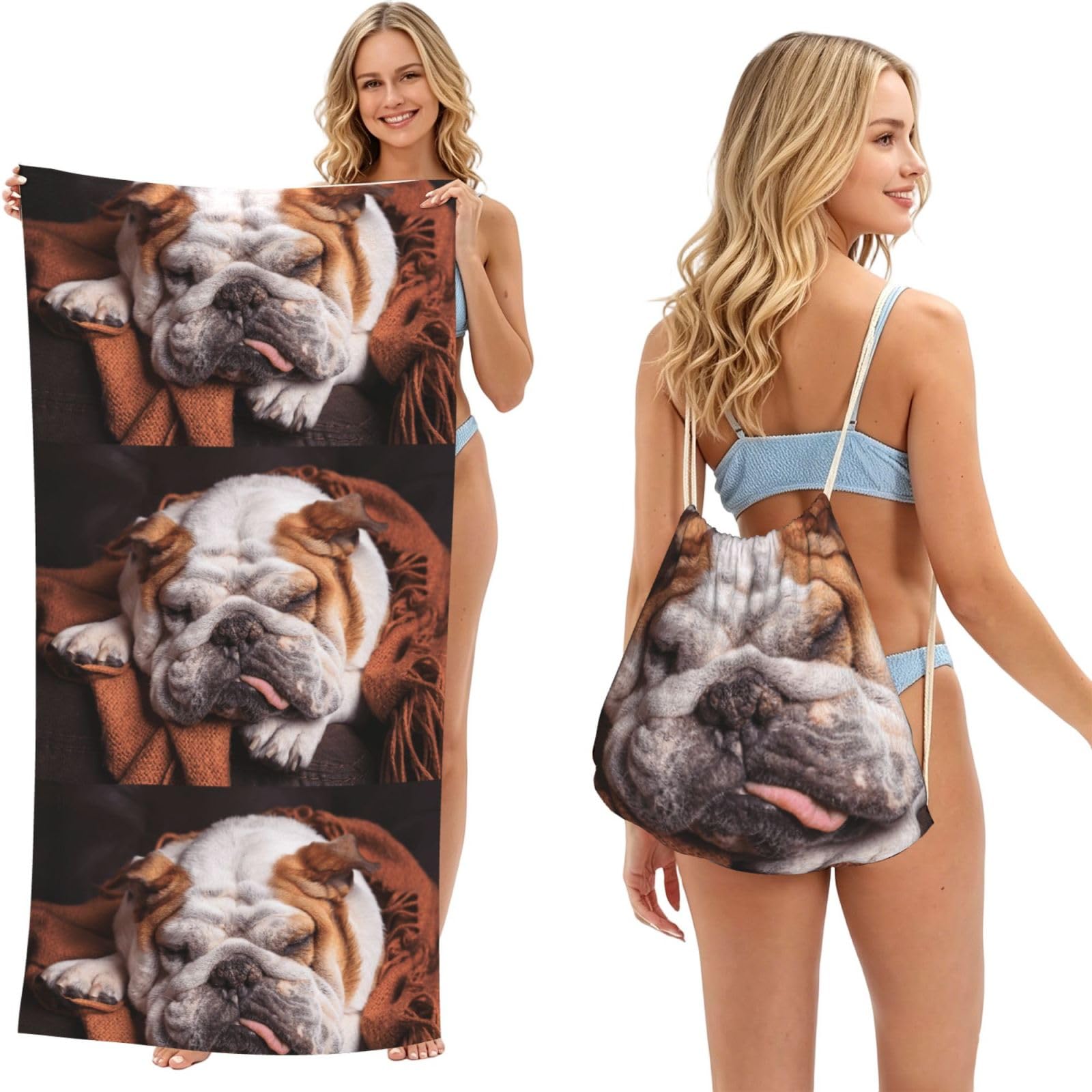 Poadnly As Picture English Bulldogs Muzzle Pets Sleeping Dogs, 2 In 1 Packable Towel Bag, Beach Towels With Drawstring Backpack For Travel Holiday Camping