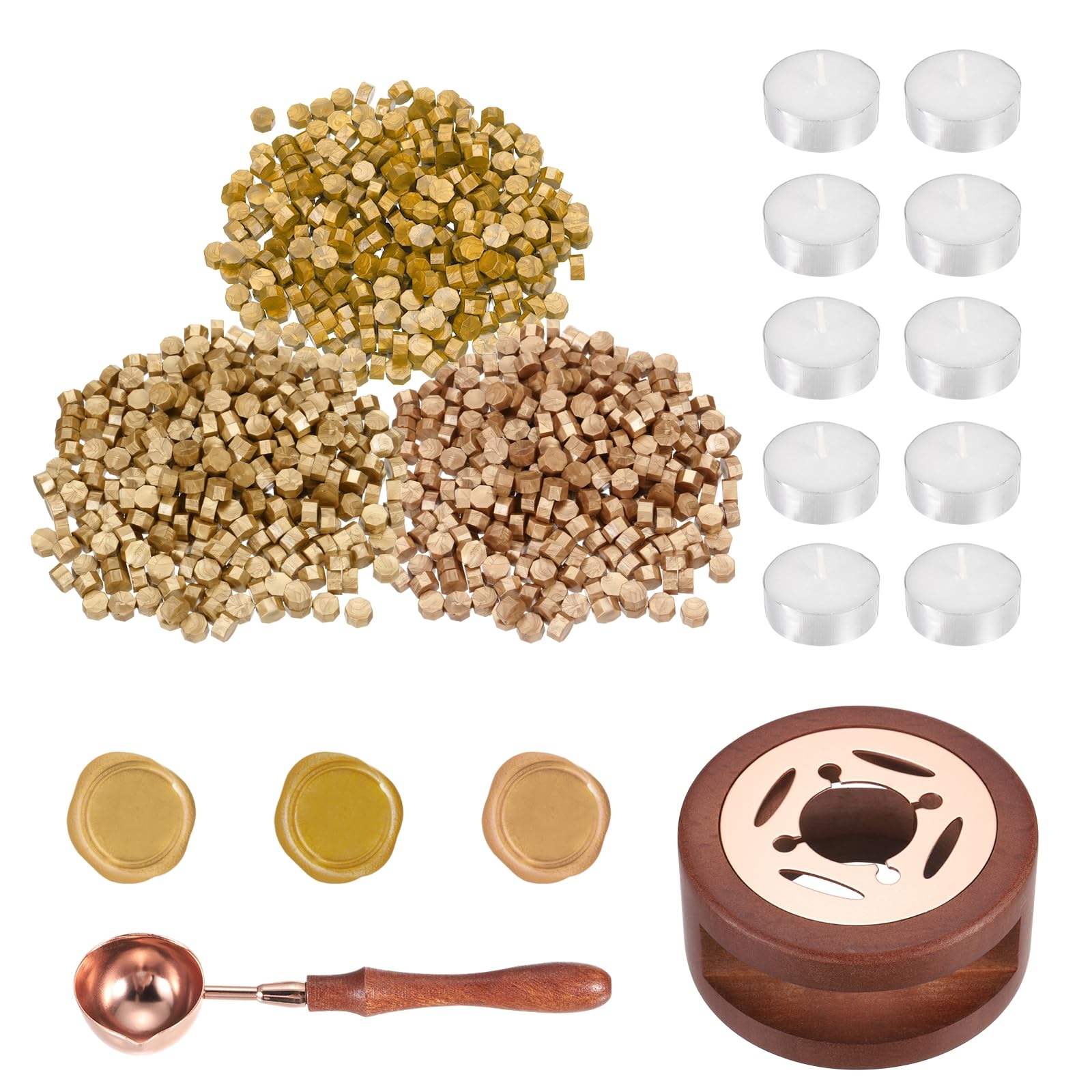 PATIKIL Wax Seal Kit, 300 Pcs Wax Sealing Beads, Wooden Warmer, Melted Spoon, 10 Pcs Tealight Candles for Envelope Letter Mailing Crafts DIY, 3 Gold Tone