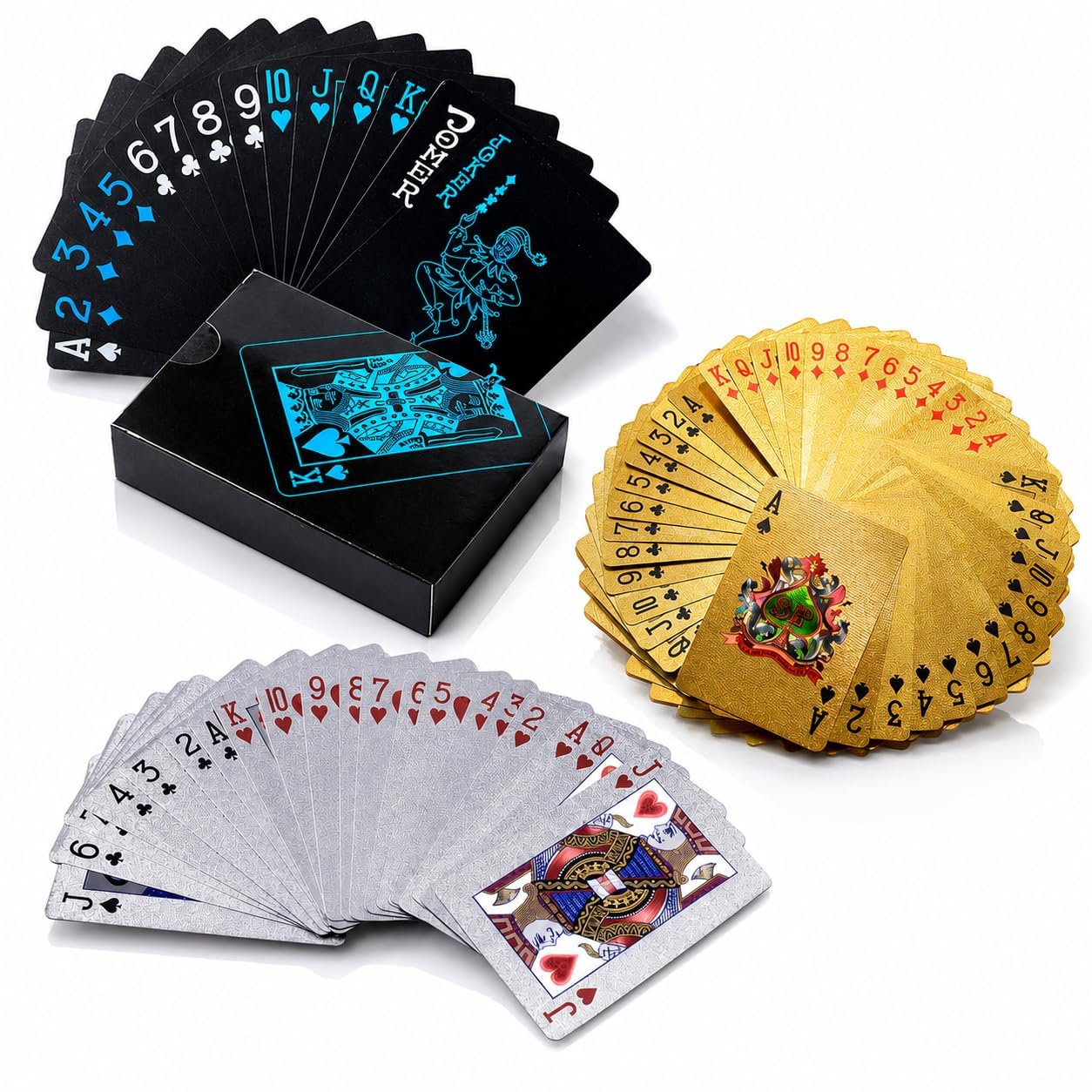 24K Plated Waterproof Poker Playing Cards | Premium Luxury Deck of Cards | Durable Plastic Playing Card Set for Poker, Rummy, Bridge & Family Game Nights (Black-Silver-Gold Cards)-image-24