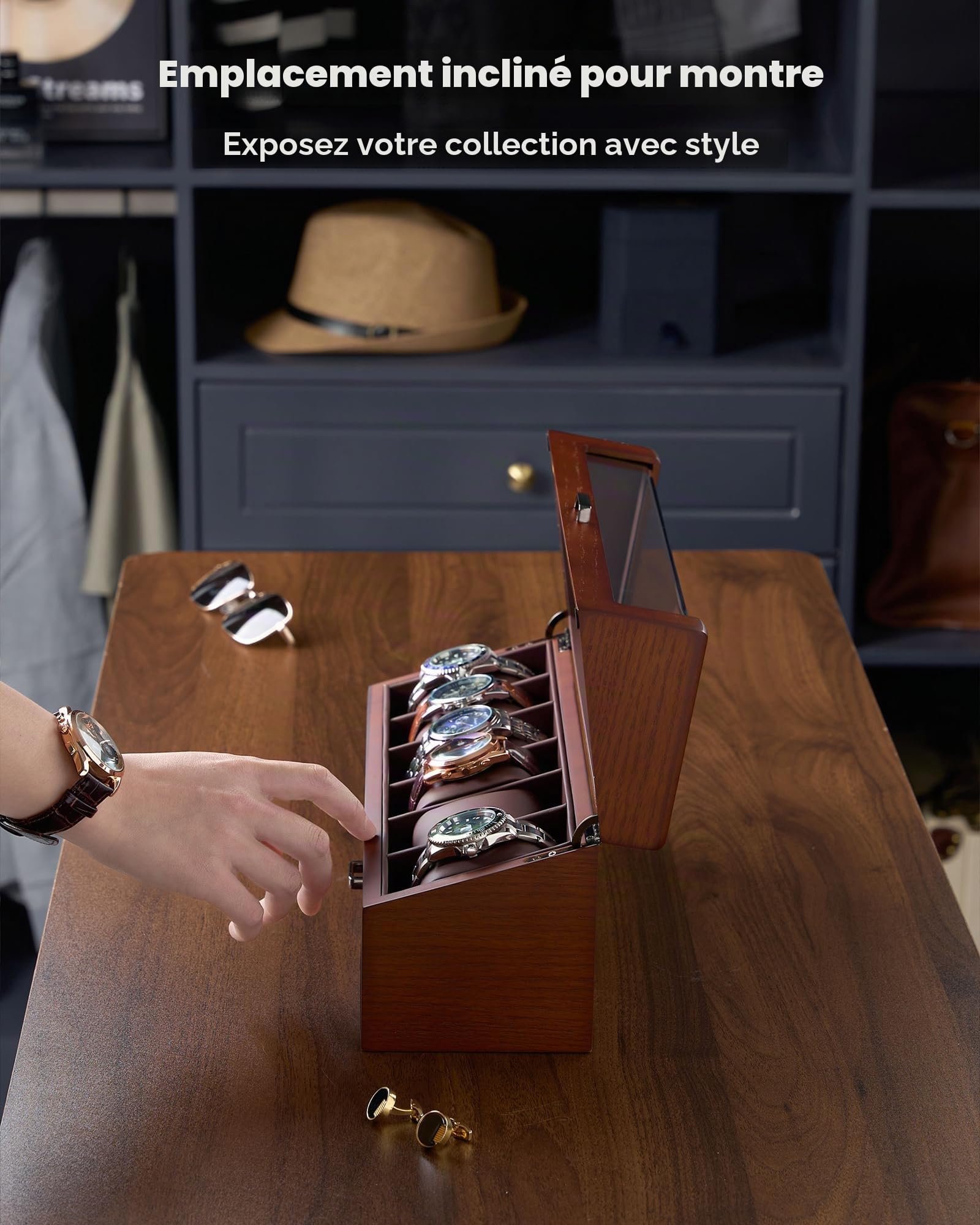 ProCase Coffret Montre Homme en Bois, Boîte à Montre 6 Emplacements avec Couvercle Transparent et Tiroir de Rangement -Noyer