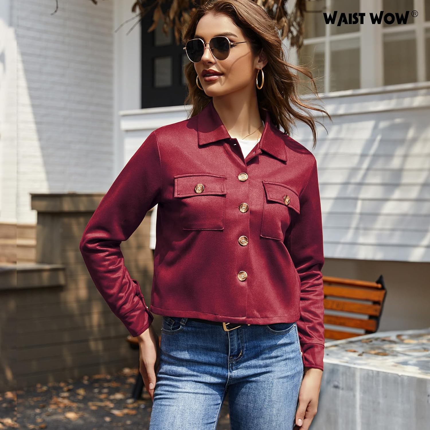 Women's Faux Suede Cropped Jacket Casual Button Down Fall Shacket Jackets Long Sleeve Outerwear Coats - Image 2