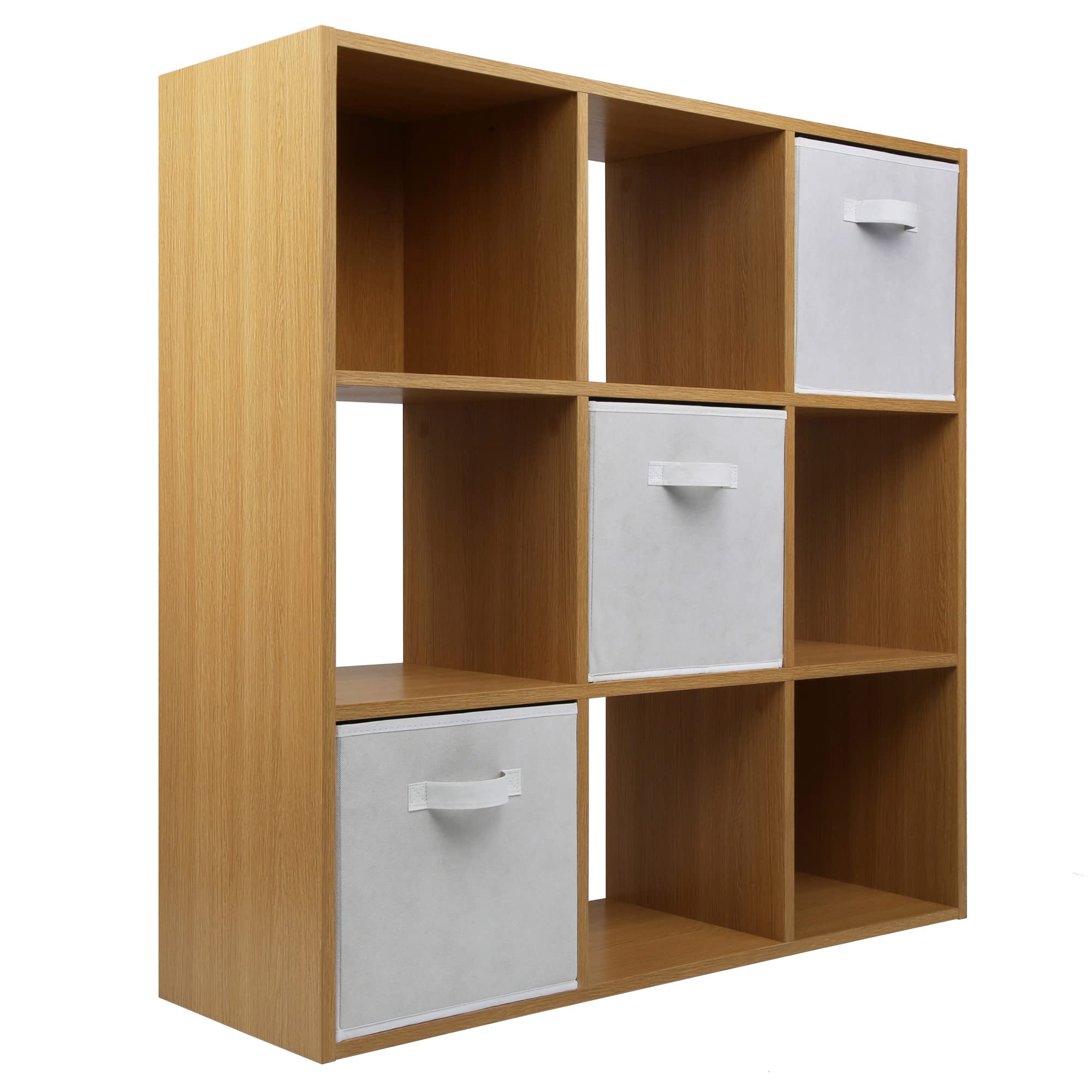 Charles Jacobs Oak 9 Cube Storage Shelving Unit + 3 White Fabric Drawers