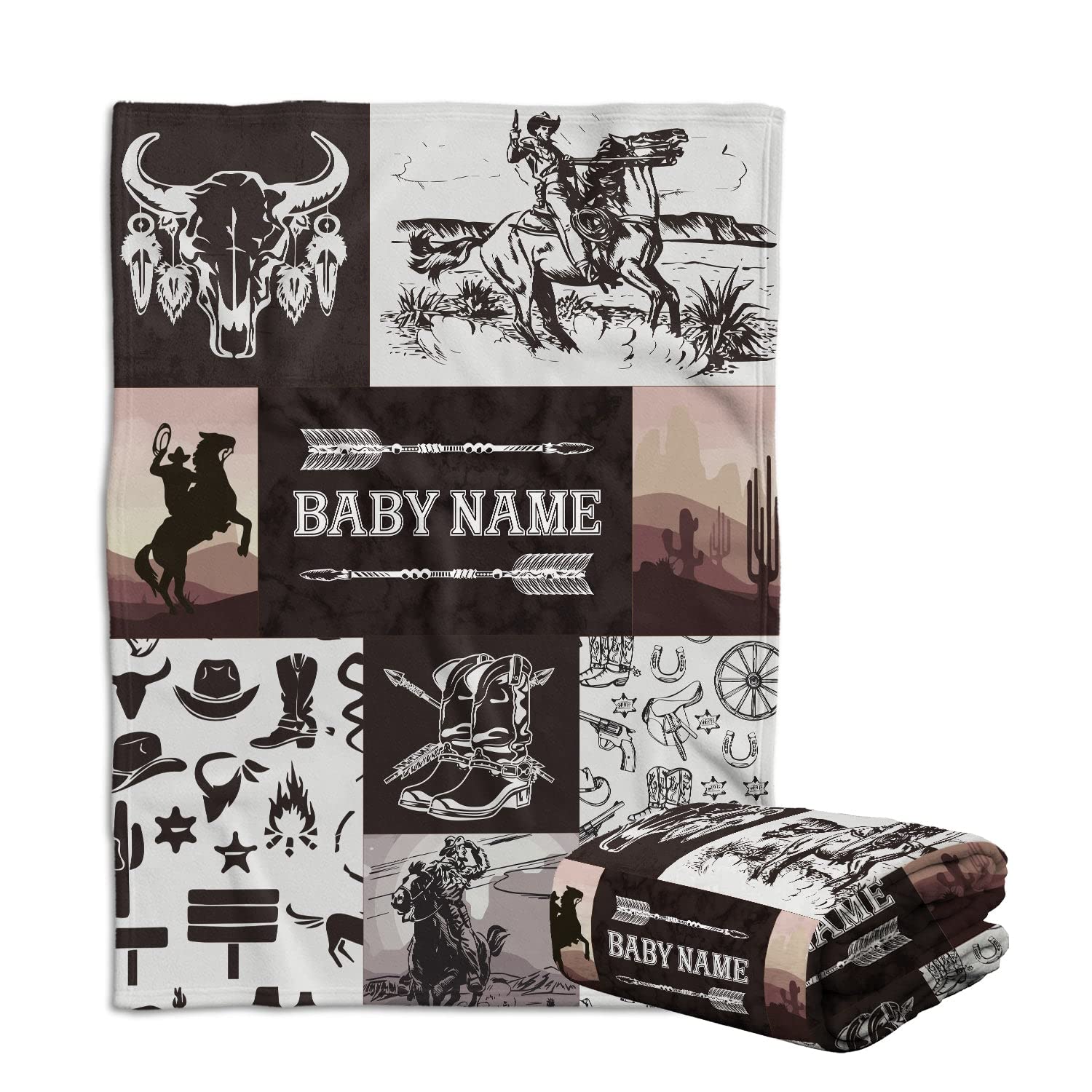 locobird Personalized Western Cowboy Baby Blankets for Baby Boy, Custom Baby Blankets Name Fleece Blankets for Newborn Infant Son Daughter Kids (01)