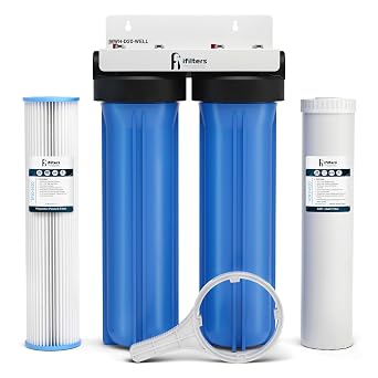 iFilters MWH-D20-WELL Dual-Stage 4.5" x 20" Whole House Well Water Filter System Sediment & GAC/KDF Filtration, Reduces Iron, Sulfur, Chlorine, Odor 1" High Flow Ports