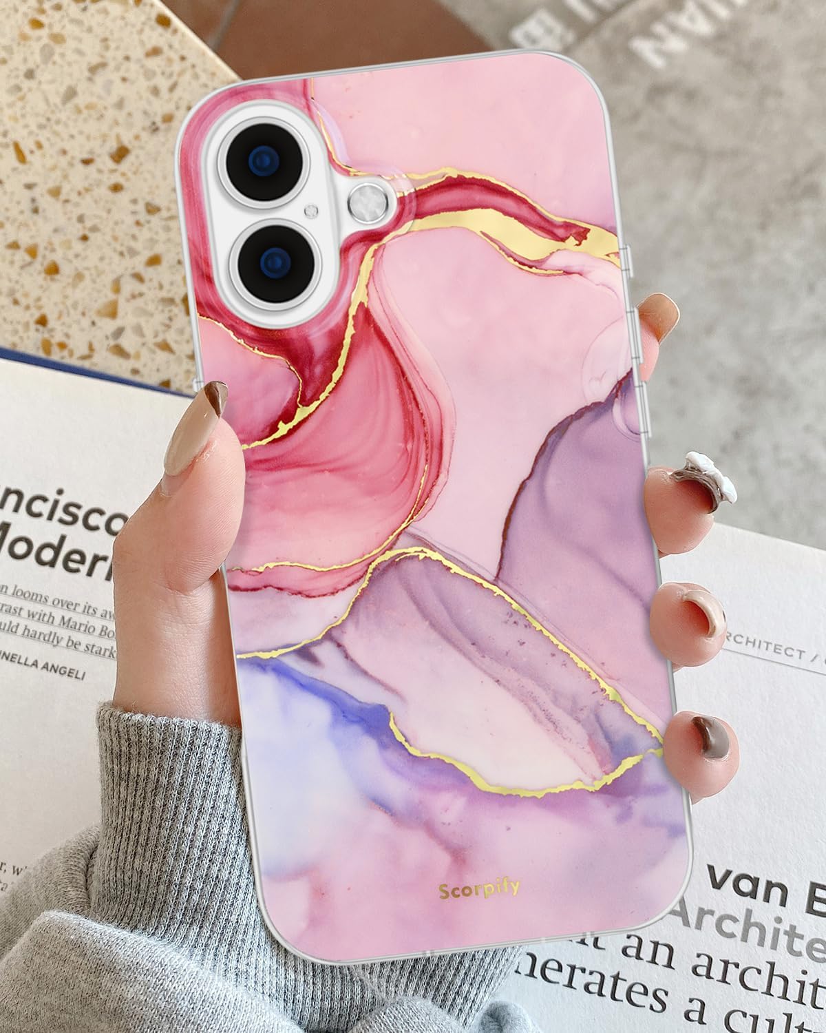 SCORPIFY for iPhone 17 Case [Compatible with MagSafe] with Pink Flange Crystal Marble Design, Cute Magnetic Phone Cover for Women Girls, [Non Yellowing] Slim Bumper with Gold Accents