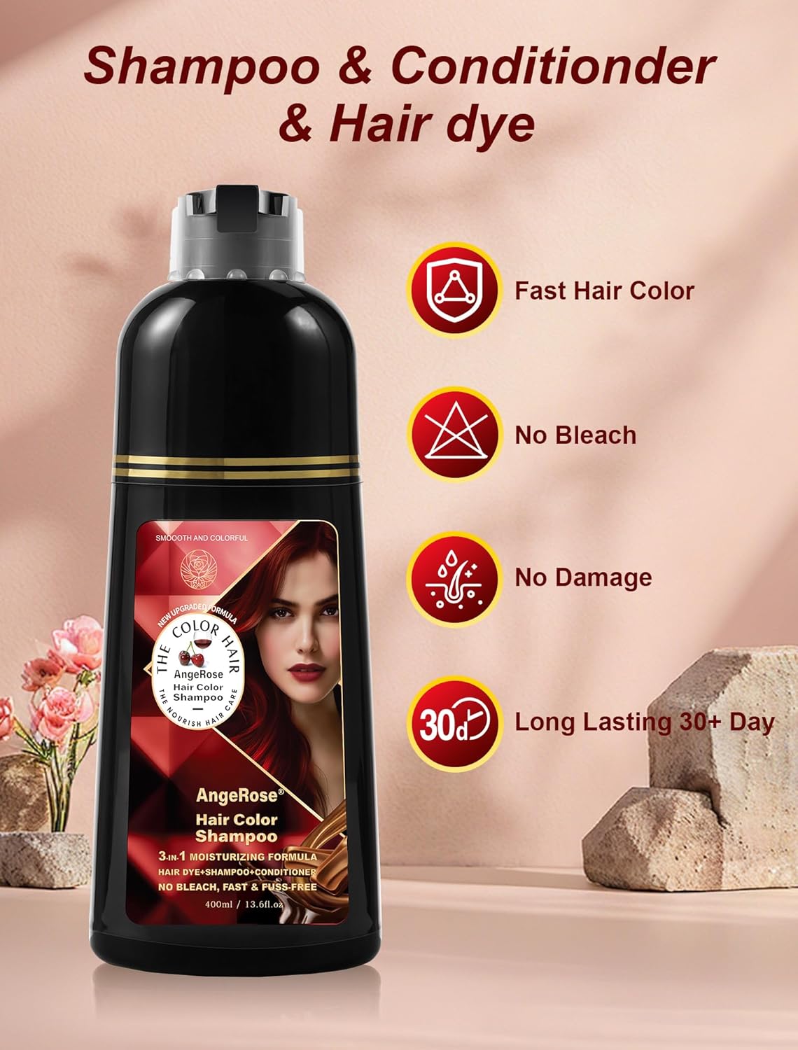 Wine Red Hair Dye Shampoo 3 in 1, Natural Hair Dye to Cover Gray Hair, 400 ML