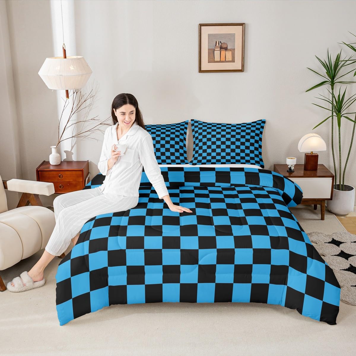 Queen Comforter Black And White Plaid Duvet Cover Set Queen Size,  Reversible Geometric Queen Comforter Set, image size:1200x1200