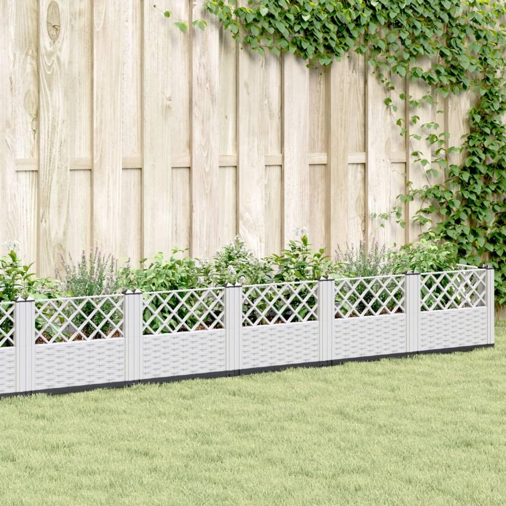 Jardinera blanca de 363,5 x 43,5 x 43,5 cm, de polipropileno, con aspecto de ratán con estacas, maceta flexible para verduras, hierbas y flores en el jardín