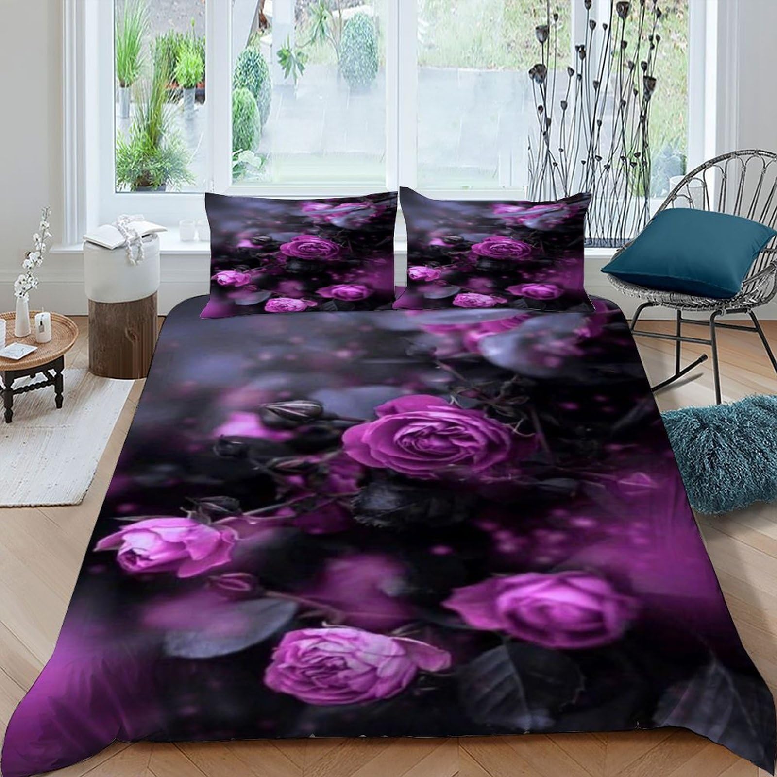 Housse de couette 3 pièces Purple Rose lit King linge de lit 220x240
