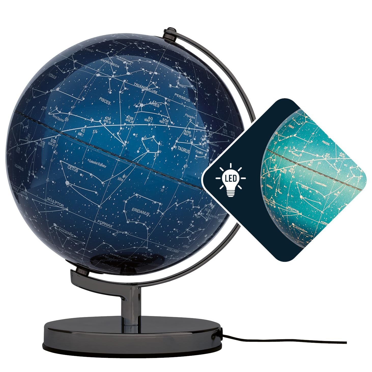 TROIKA Globus beleuchtet Ø 25 cm TERRA LIGHT Licht LED Globus blaue Sternkarte & Sternzeichen, verchromter Metallfuß, weicher Filzboden bewegliche Achse - im hübschen Karton ideal zum Verschenken