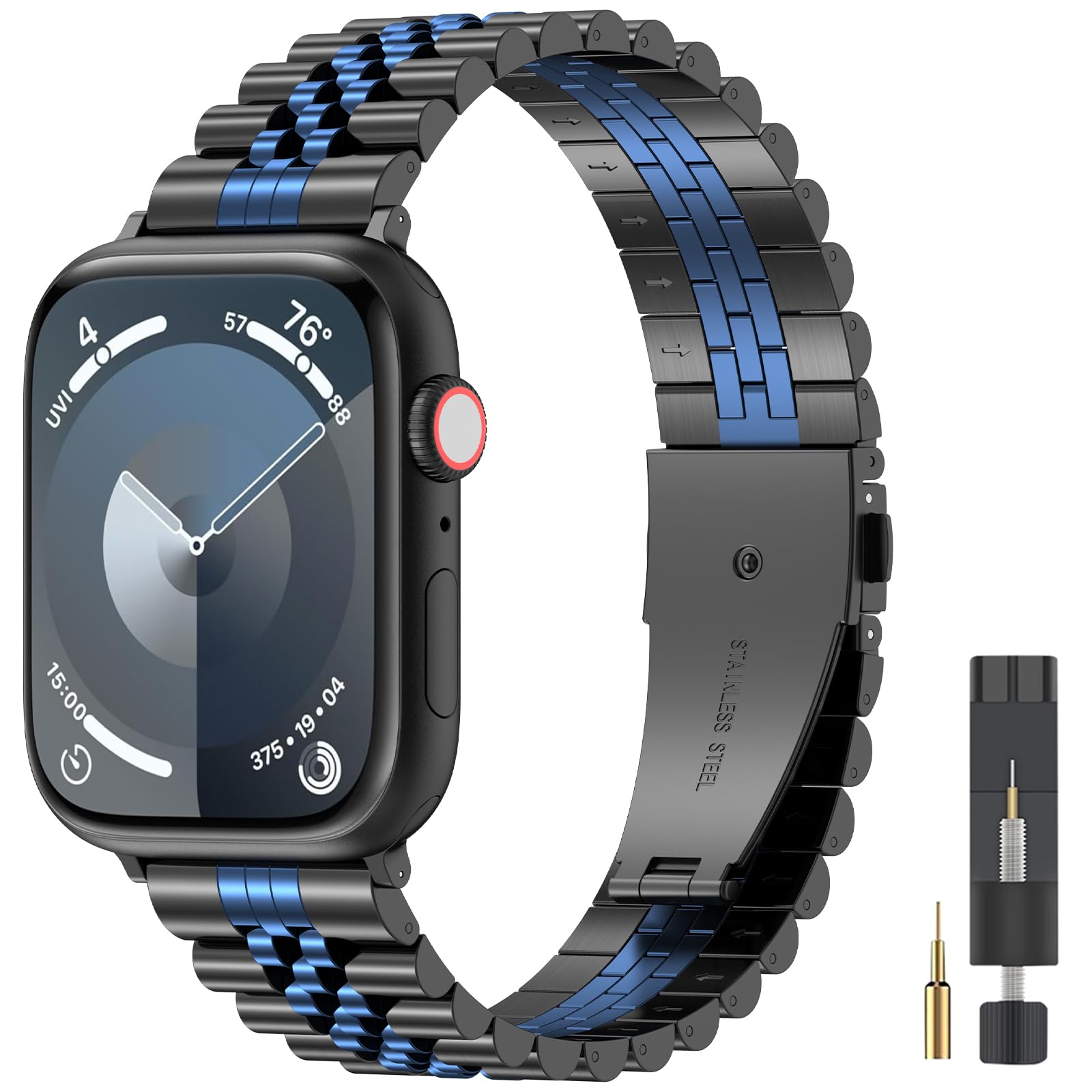 ZPJPPLX Compatible Apple Watch Band 49mm 45mm 44mm 42mm 41mm 40mm 38mm,Stainless Steel Metal Mesh iWatch Band for Apple Watch Series 9/8/7/6/5/4/3/2/1/SE/SE2(Black Blue,49/45/44/42mm)