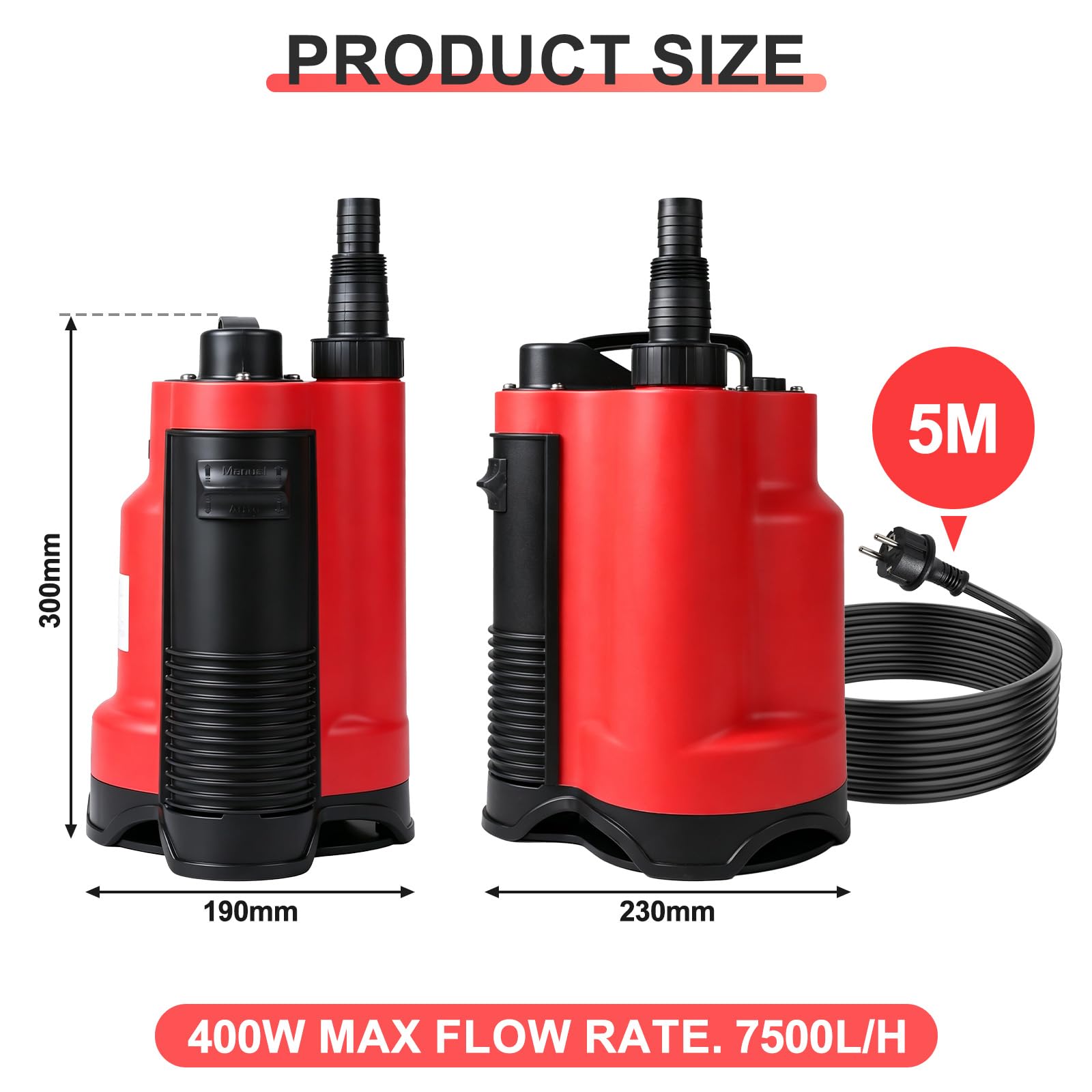 CPROSP 400W Pompe d’évacuation Submersible 7500L/H, pour Eaux Claires/Usées
