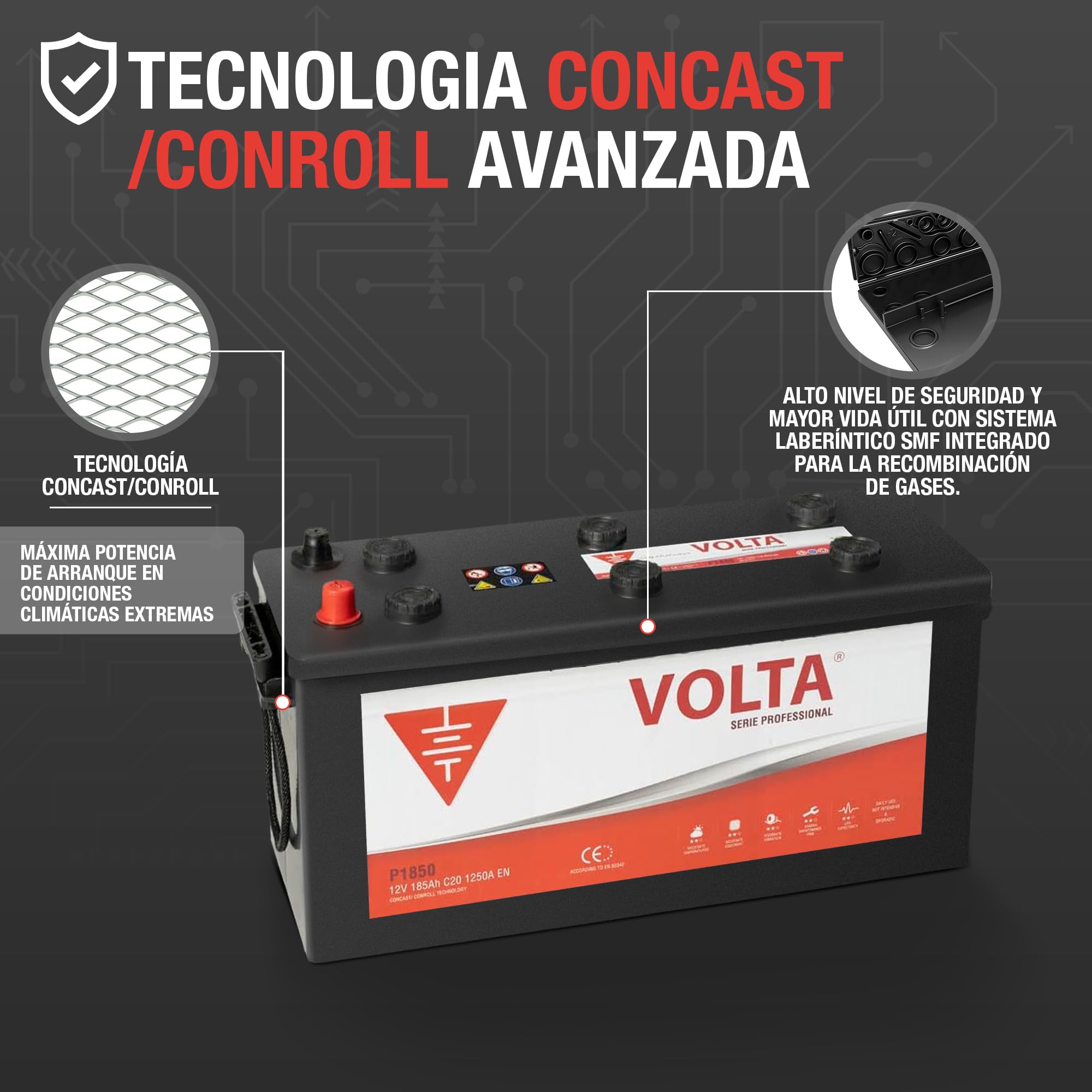 Bateria de Camión Professional 185Ah 1250A - Borne +Dcha - Medidas Largo 513 x Ancho 223 x Alto 223 mm con 2 años de Garantía - Fabricación Europea.