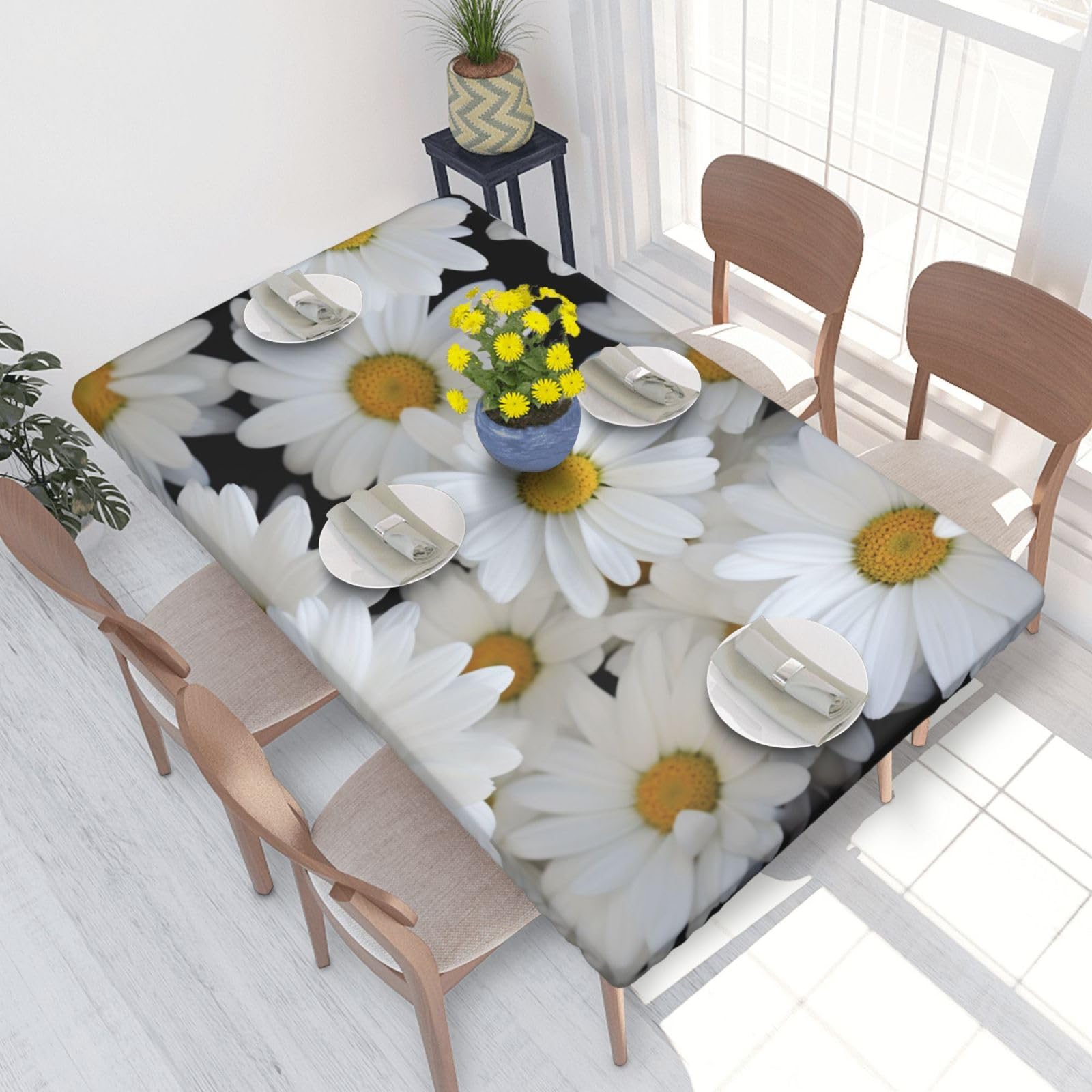 Dcarsetcv Daisies White Printed 4Ft Waterproof Tablecloth With Elastic Edged Protect & Decor Your Table, Oil-Proof Washable Table Cloth Cover For Dinner Picnic Party