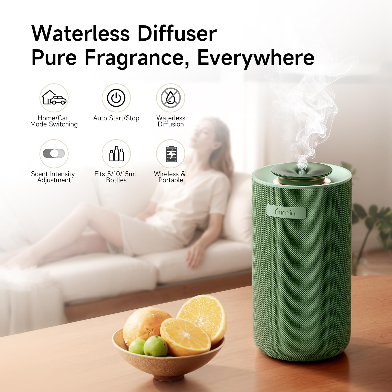 Diffuseur d'huiles essentielles sans fil sans eau – Double mode maison/voiture avec démarrage automatique, réglage du parfum fort/léger, désodorisant pour bureau, voiture, compatible avec bouteilles