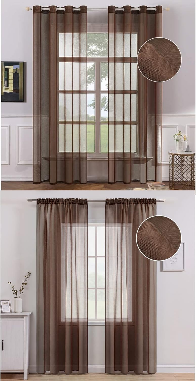 MIULEE 2 Panels Chocolate Brown Semi Sheer Window Treatment Curtains Grommet Voile Linen Textured Drapes for Bedroom Living Room (54X96 Inches Dark Brown) Bundle Rod Pocket Sheer Curtains 2 Panels