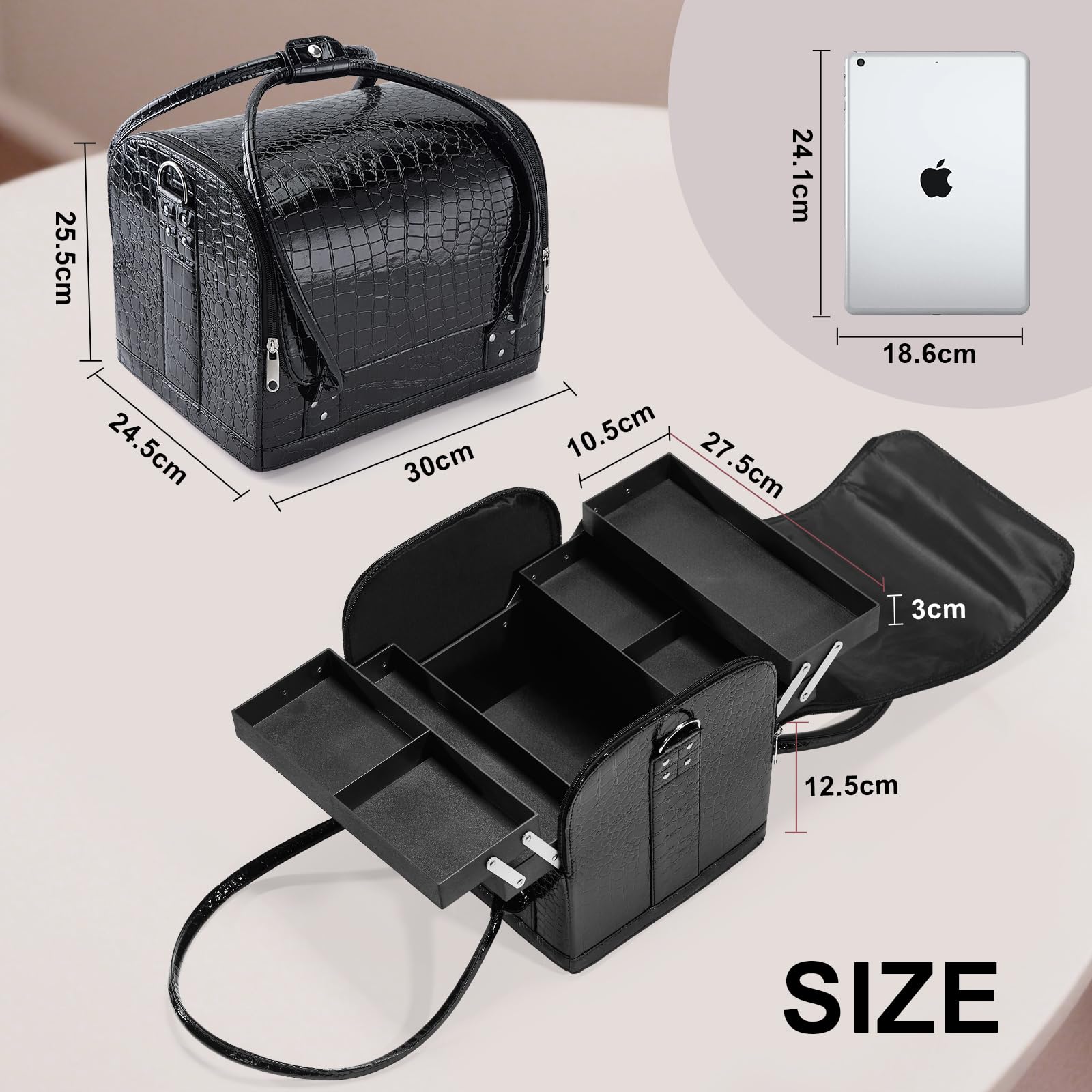 Joligrace Beauty case da viaggio per cosmetici, beauty box, nail art, parrucchiere, organizer con tracolla, Grande nero., moderno