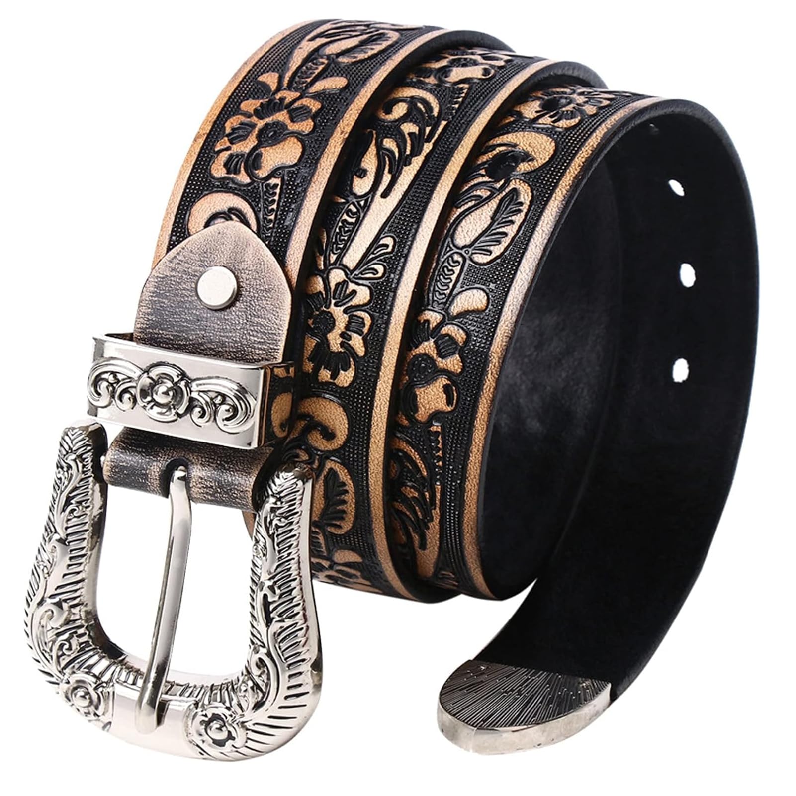 Cinture extra lunghe (105-150 cm) con goffratura floreale occidentale per uomo e donna, cinture country da cowboy da cowgirl da 35 mm con grande fibbia vintage