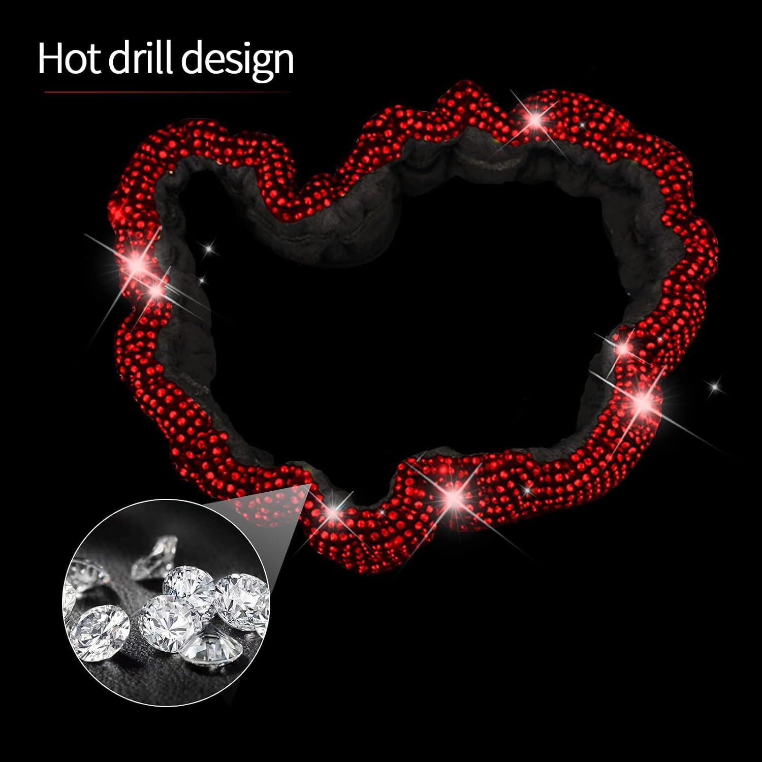 Bling Car Rearview Mirror Cover, Women's Full Drill Head Pillow Cover, Crystal Rhinestone Bling Car Interior Accessories for Women Universal Fit - Red
