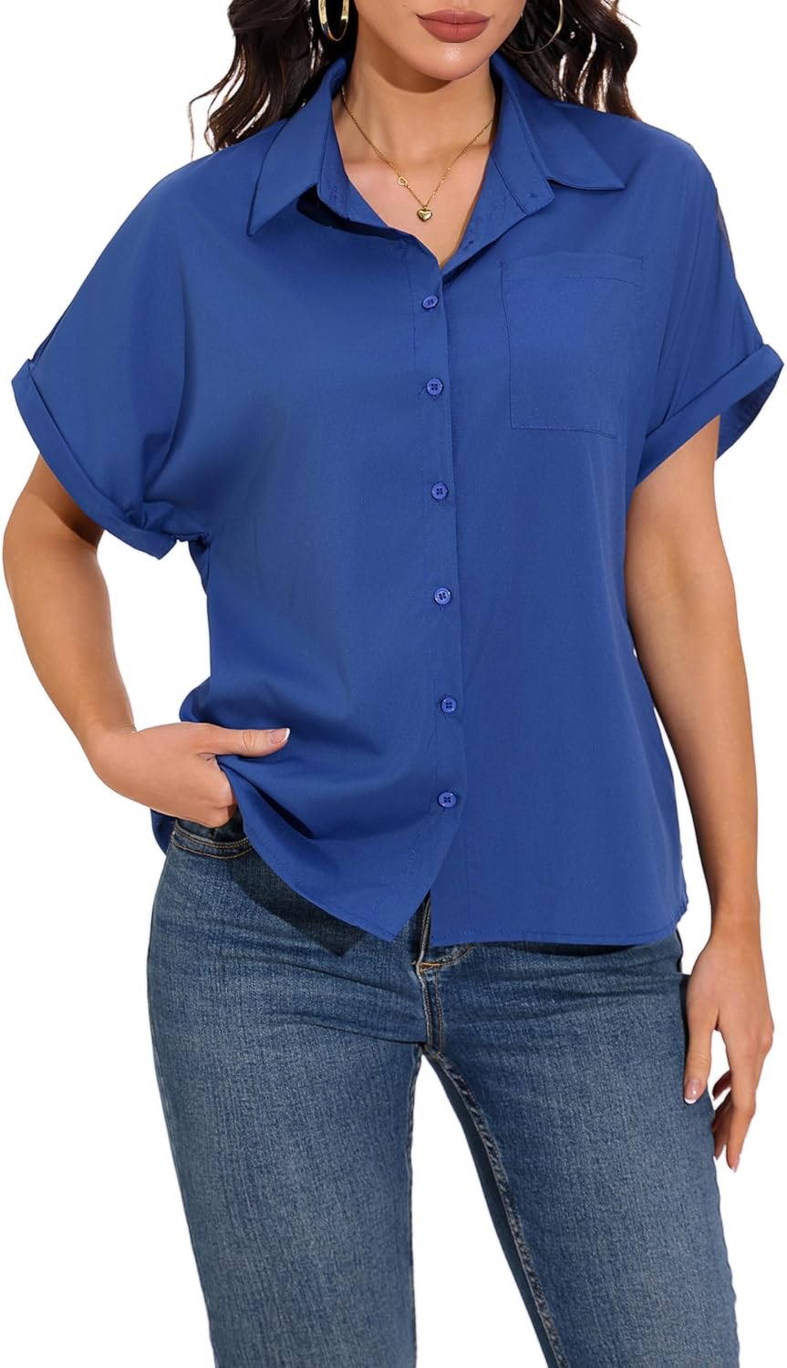 GUANYY Womens Short Sleeve Button Down Shirt Casual Collared Dress Shirt Lightweight Work Top Blouse - Image 7