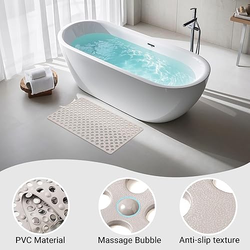 Miniatura 3 de Tapete antideslizante para bañera y ducha de 31 x 17 pulgadas, tapete de baño con orificios de drenaje de secado rápido y ventosas, tapete de baño