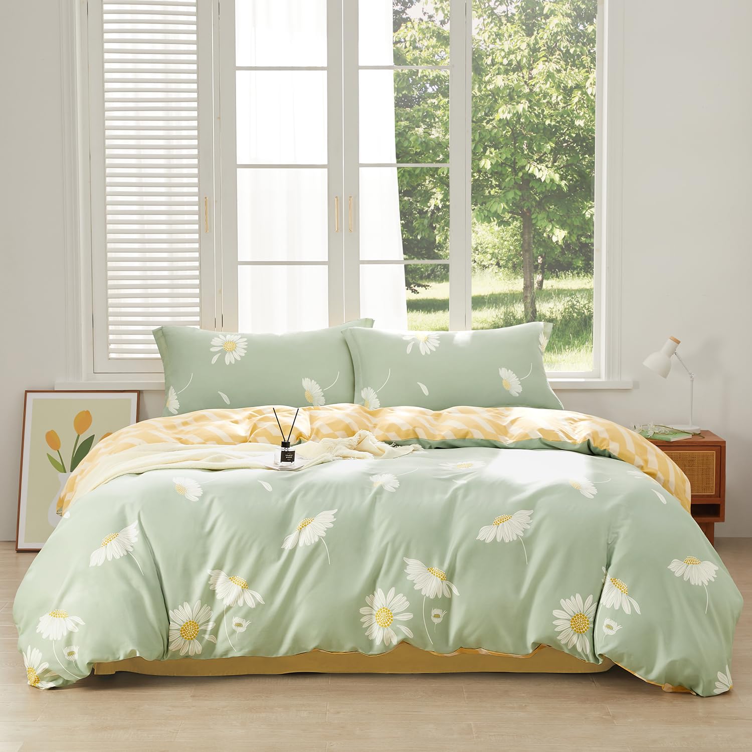 Homzard 100% Cotton Queen Comforter Set - Floral Quilt Bedspread With 2 Pillow Shams (90x98 Inch, Yellow/Green) - View #9