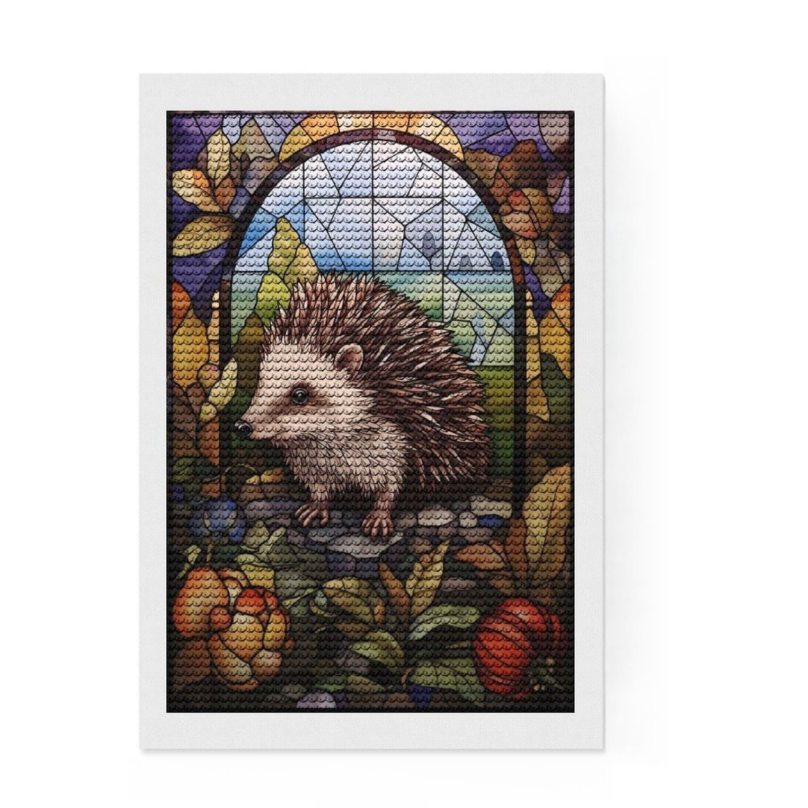 Junmoney Hedgehog Stained Glass Diamond Art Canvas 8"x12", Easy to Follow Symbols, Easy Handmade Project, Boho Decor, Holiday Gift Idea