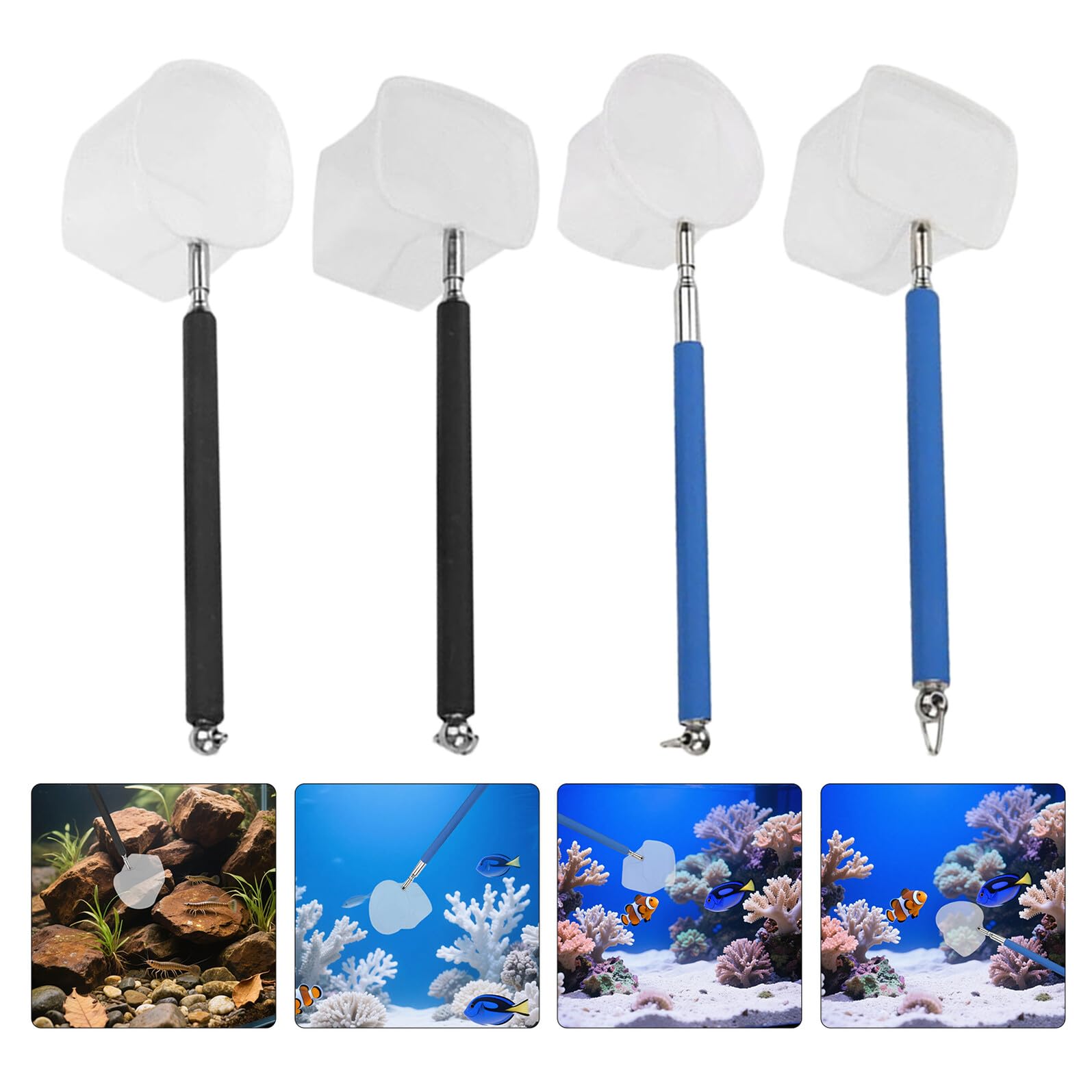 Mipcase Red Telescópica para Acuarios 4 Piezas Red Extensible de Acero Inoxidable para Peces Pequeños y Camarones Malla Cuadrada y Redonda Negra y Azul Adecuado para Limpieza y