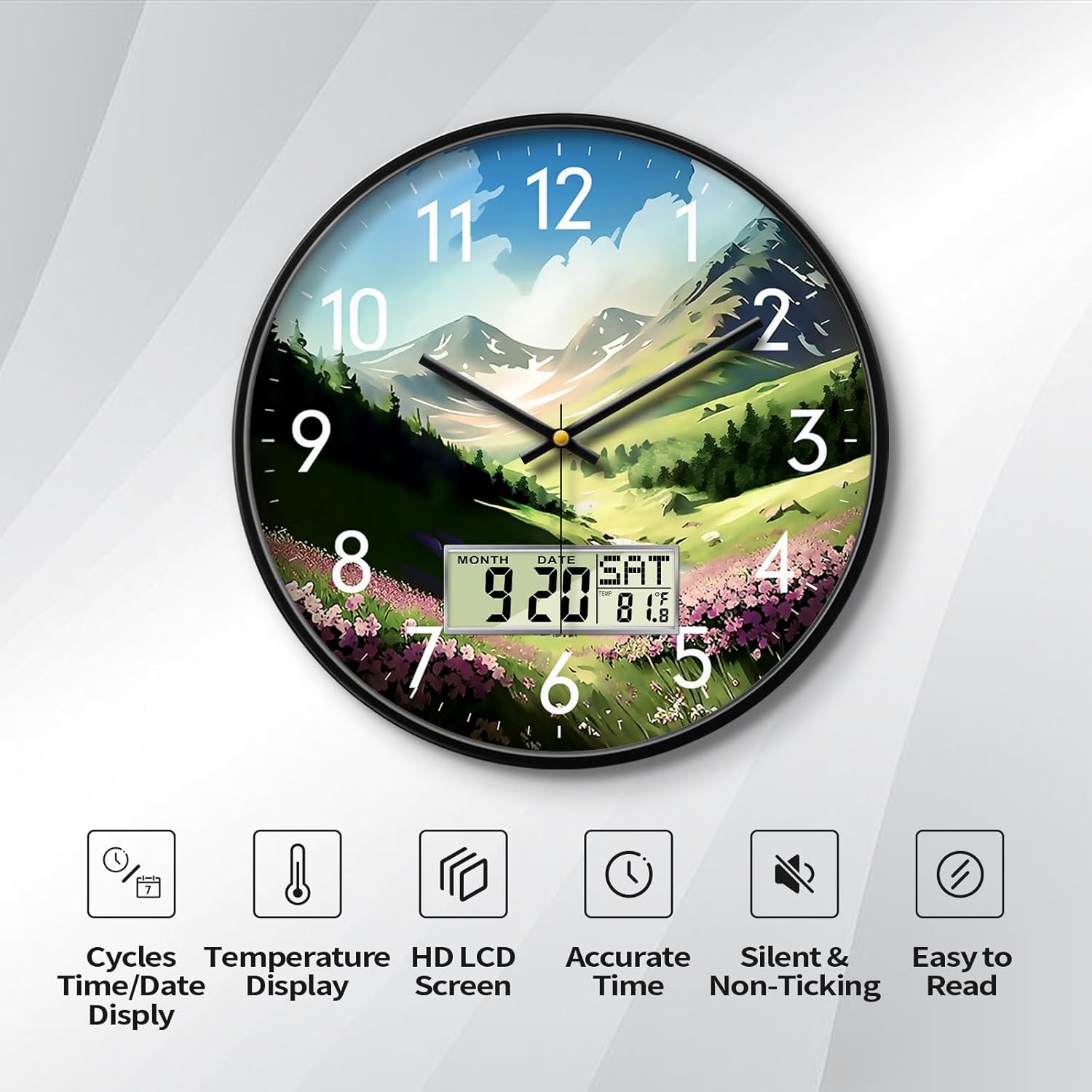 12'' Silent Non-Ticking Rustic Mountain Wildflowers Wall Clock, Battery Operated Analog with LCD Date Day Temp Display, for Living Room Bedroom Farmhouse Cottage Cabin Decor