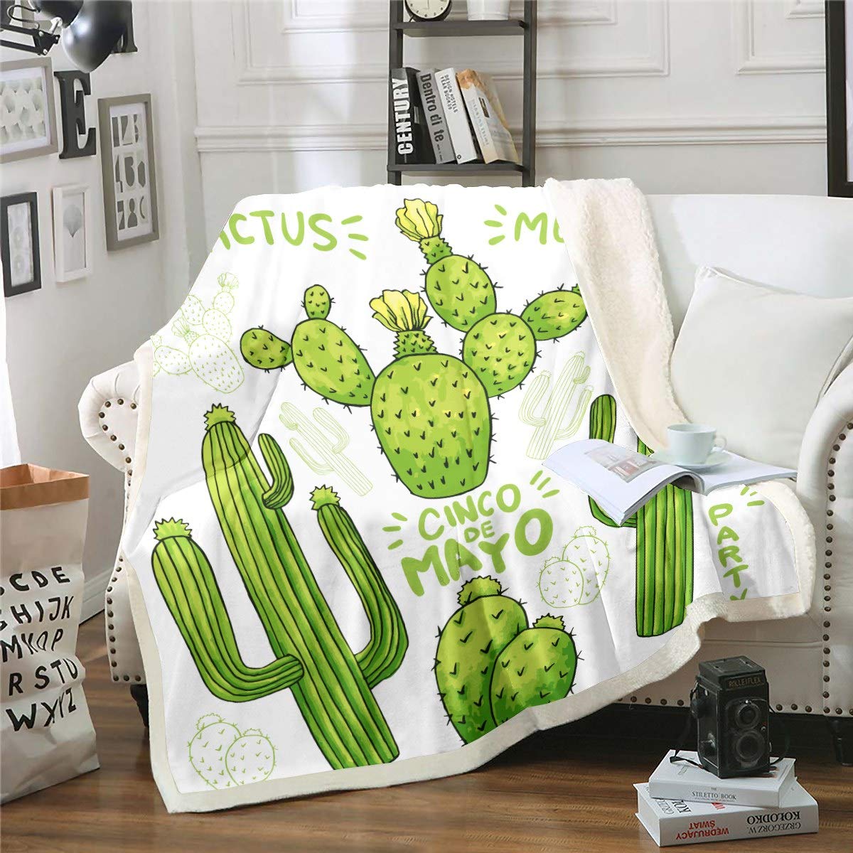 Loussiesd Cactus Printed Fuzzy Blanket Fleece Blanket Botanical Pattern Sherpa Throw Blanket for Sofa Couch Lightweight Green Plants Plush Blanket Single 50"x60"