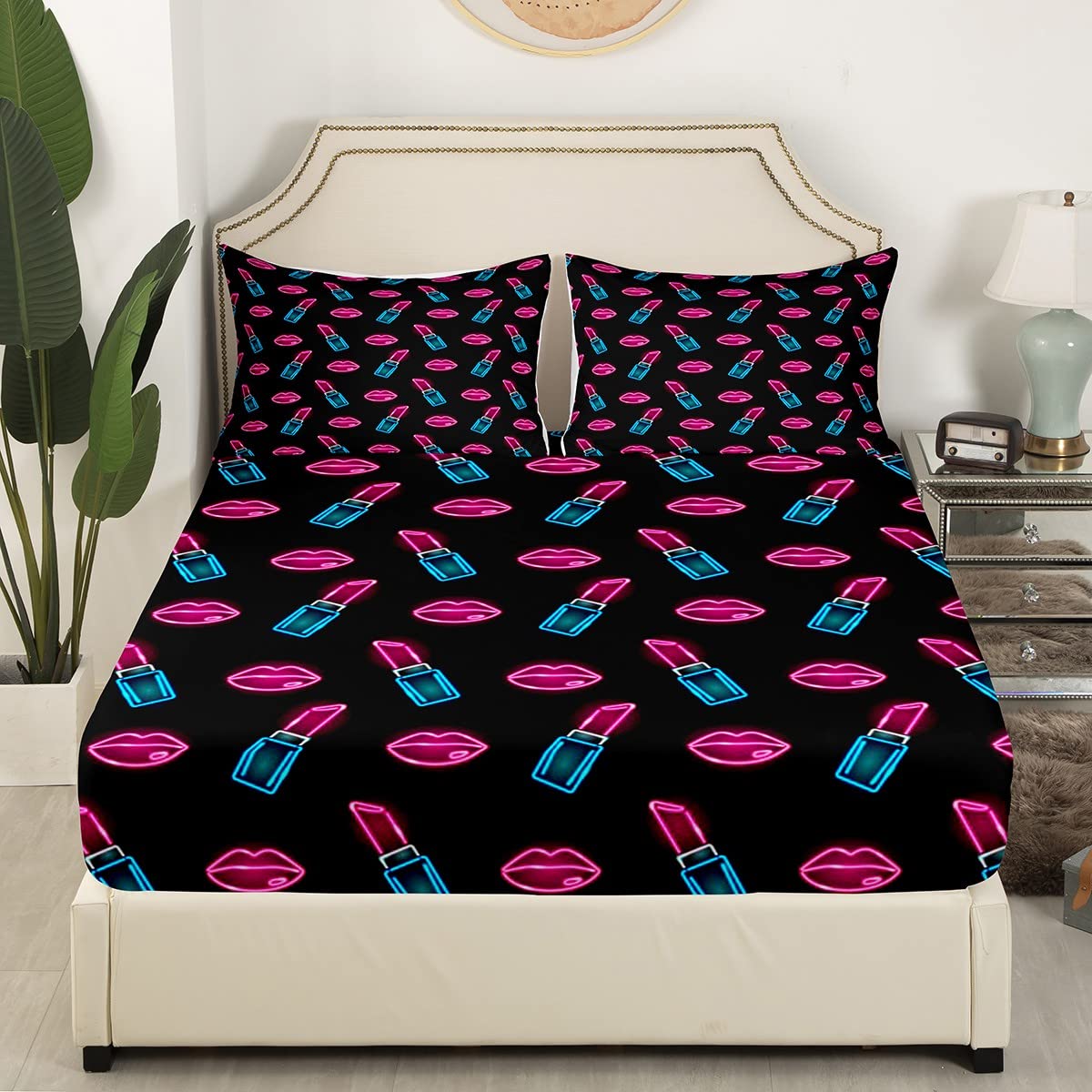 Juego de sábanas de labios rojos, juego de sábanas de lápiz labial para niños y niñas, sábanas de moda con bolsillo profundo, sábana bajera de microfibra con estampado de lápiz labial, juego de ropa