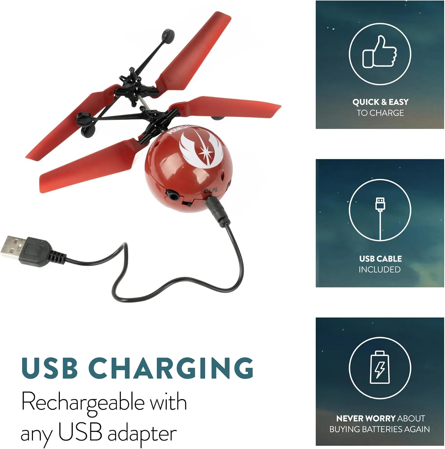 World Tech Toys Star Wars Ahsoka Flying Toy – Motion Sensing Flying Ball with USB Charging - Star Wars Licensed - Indoor/Outdoor Drone for Kids Ages 6+