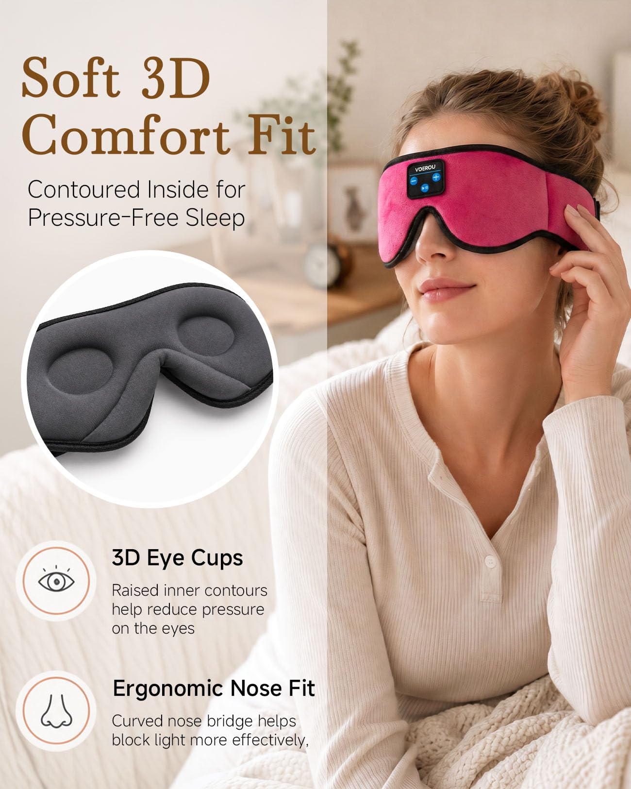 Voerou Cuffie Bluetooth per Dormire, Diadema 3D Regolabile, 12H | Vestibilità traspirante regolabile, 12h batteria, lavabile, ideale per dormire di lato