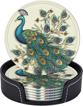 Drink Coasters with Holder 6 Pcs Round Coasters for Drinks Heat Resistant Cup Pads Mug Cup Mats Peacock Pattern Coasters Non-Slip Leather Coasters for Coffee Table Kitchen Bar Decor