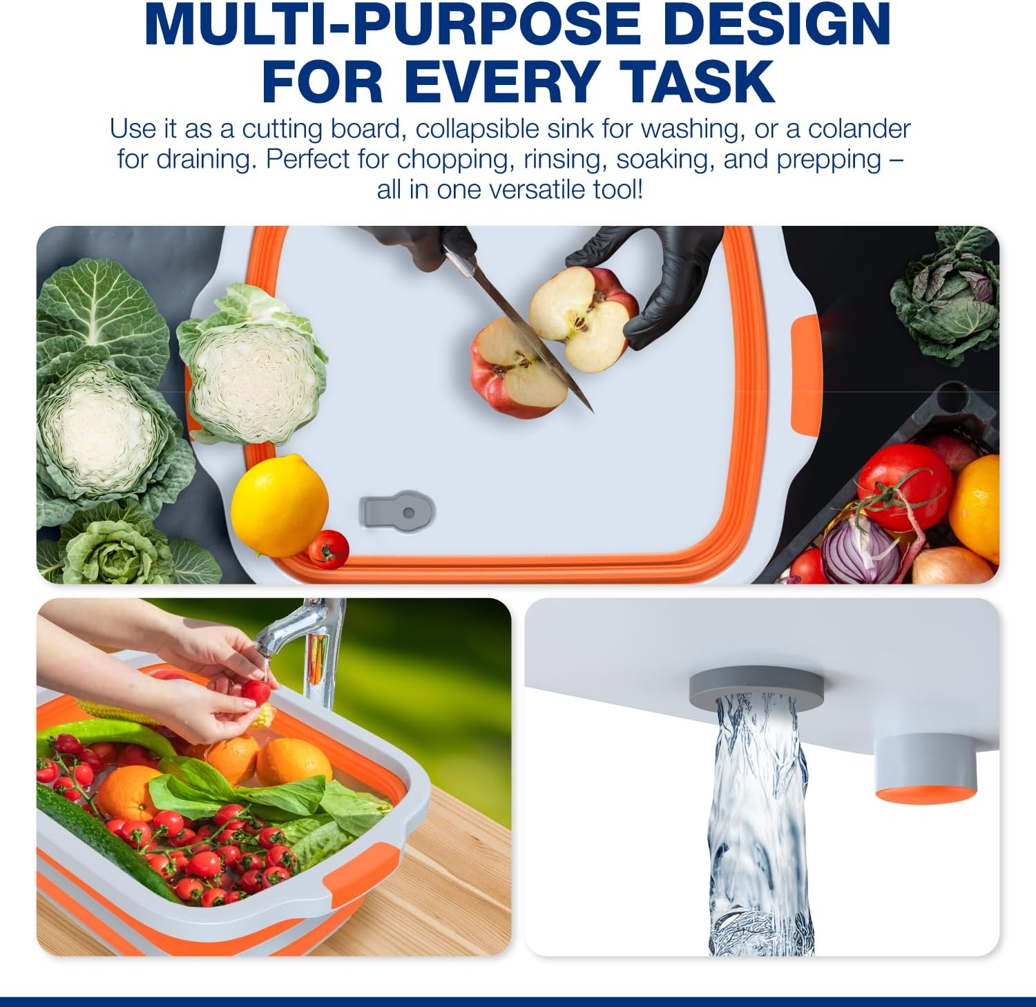 2-Pack XL Collapsible BBQ Prep Tub with Built-In Cutting Board, Lid & Strainer – Marinate, Drain & Prep – Large Food-Safe Container – Perfect for Grilling, Smoking & Outdoor Cooking