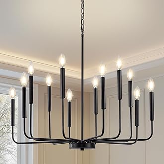 Modern Black Chandelier for Dining Room,Metal 12-Light Kitchen Light Fixtures, Farmhouse Candle Hanging Pendant Light for Living Room Entryway Foyer Bedroom (Bulbs Not Included)