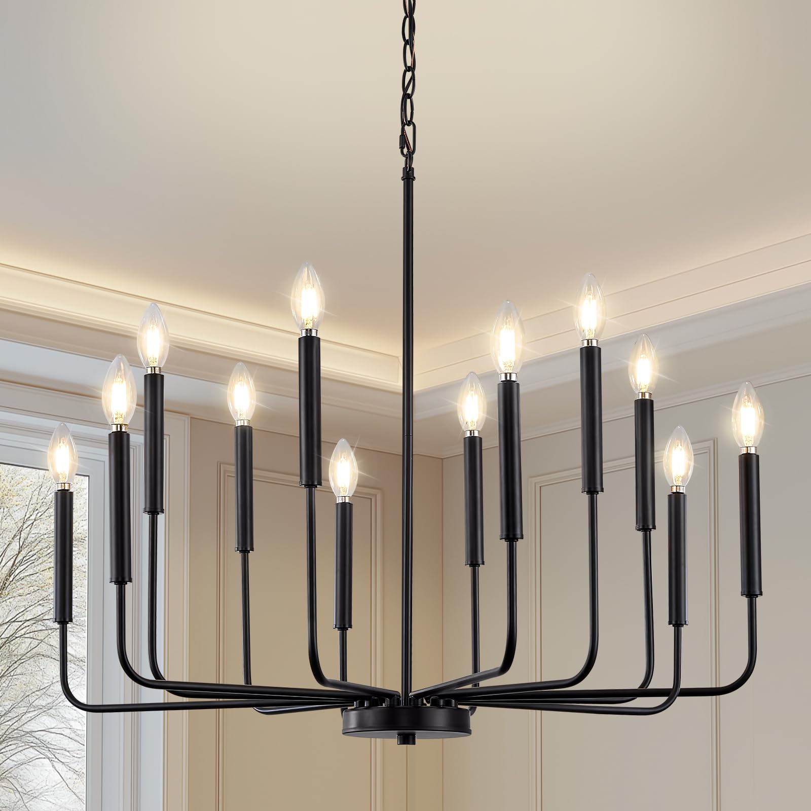 Modern Black Chandelier for Dining Room,Metal 12-Light Kitchen Light Fixtures, Farmhouse Candle Hanging Pendant Light for Living Room Entryway Foyer Bedroom (Bulbs Not Included)