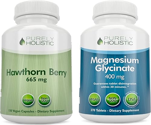 Purely Holistic Hawthorn Berry 665 mg + glicinato de magnesio 400 mg + 150 cápsulas y 270 tabletas - Paquete vegano - Hecho en los Estados Unidos