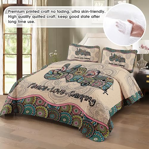 Miniatura 2 de Happy Camping Camper - Juego de edredón vintage de clase A para niñas y mujeres, manta y fundas de almohada, juego de ropa de cama y funda de