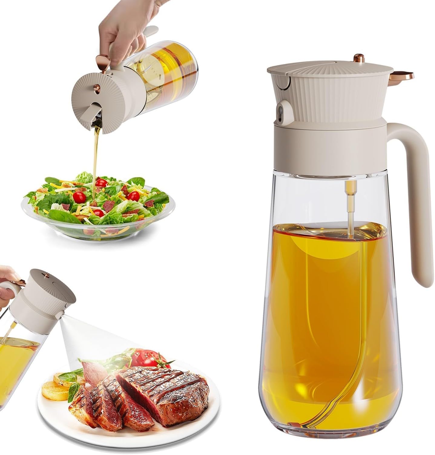 Ölsprayer für Kochen Sprühflasche Olivenöl Zerstäuberflasche aus Glas Feinstaub-Sprühkopf Küchenzubehör, Cremeweiß