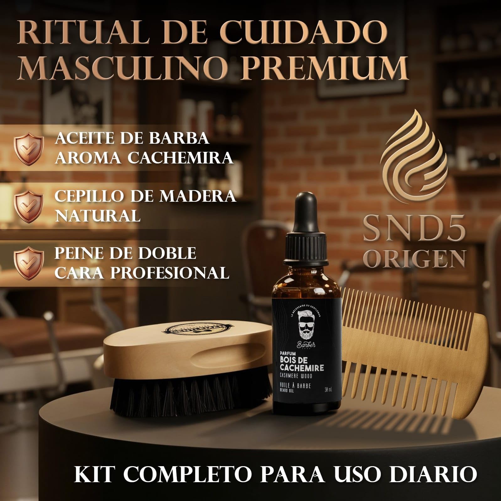 ORIGEN aceite de barba para hombre aroma cachemira con cepillo de madera y peine de doble cara kit cuidado barba para hidratar, suavizar y peinar barba corta o larga uso diario